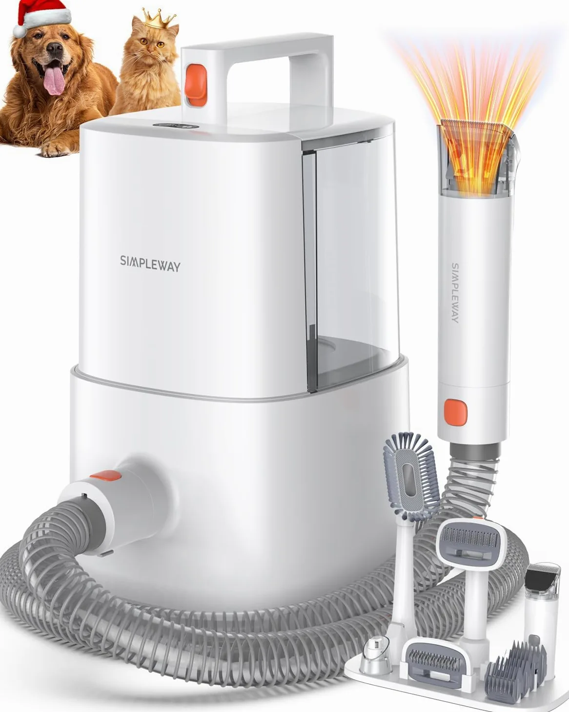 Kit aspirateur de toilettage pour chiens et chats à poils longs avec aspirateur silencieux et poubelle de grande capacité pour chiens et chats à poils longs avec 6 accessoires (ivoire)