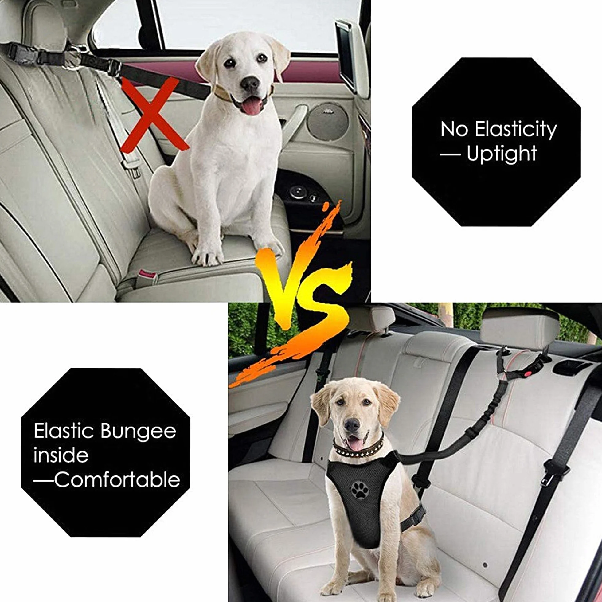 Ceinture de sécurité de voiture pour chien – Harnais de voiture réglable pour animal domestique, retenue rembourrée pour chien, laisse élastique en nylon durable (noir)