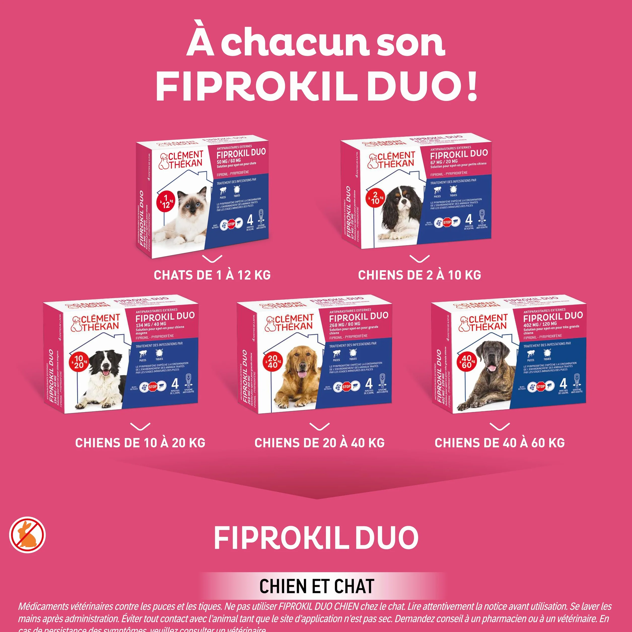 Fiprokil Duo Petits Chiens Clément Thékan (2-10 kg) - Anti-Puces/Tiques - Élimine parasites/Oeufs - Protège Jusqu’à 7 semaines l’Animal et 12 semaines l’Environnement - 4 pipettes Spot on