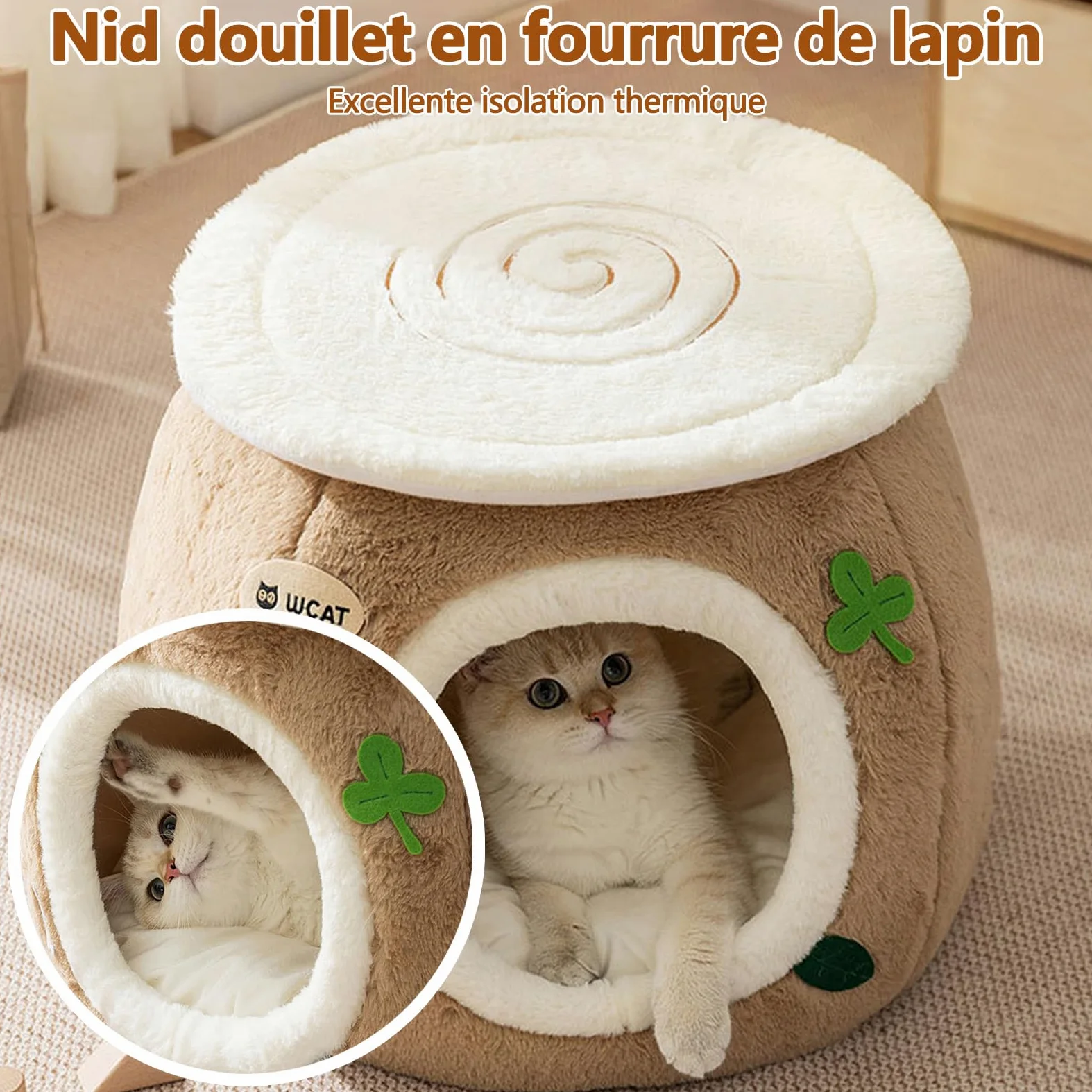 Galatée Niche pour Chat, Lit en Peluche Ultra Doux avec Dessous Antidérapant, Niche pour Chien Au Design Mignon Et Dessin Animé, Nid Spacieux, Tipi pour Chat Chaud Et Confortable(L, Marron)