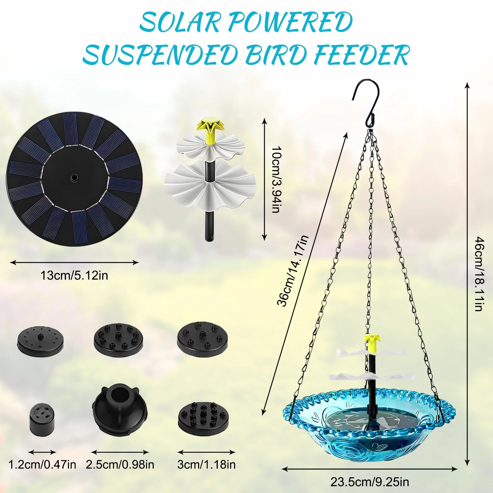 Bain d'oiseaux solaire avec fontaine suspendu chaînes métal bleu