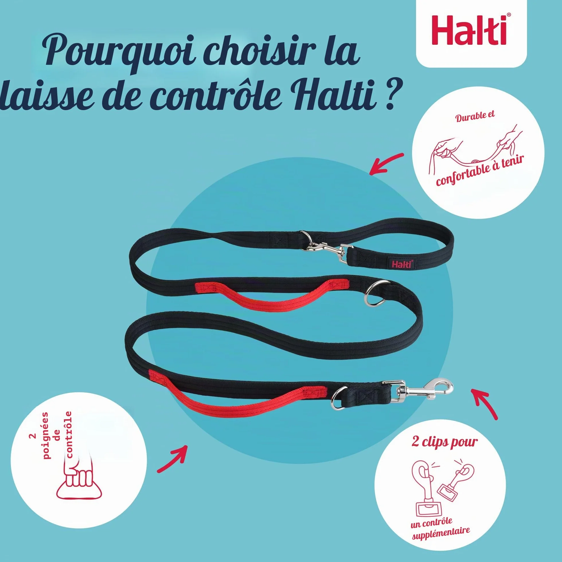 HALTI Laisse de Contrôle Noir 2m Double Extrémité Rembourrée pour Chien