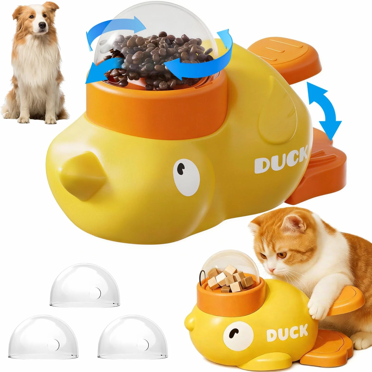 Distributeur Croquettes Chat Canard Jaune 2 en 1 avec 3 Couvercles Jouet Interactif Chien