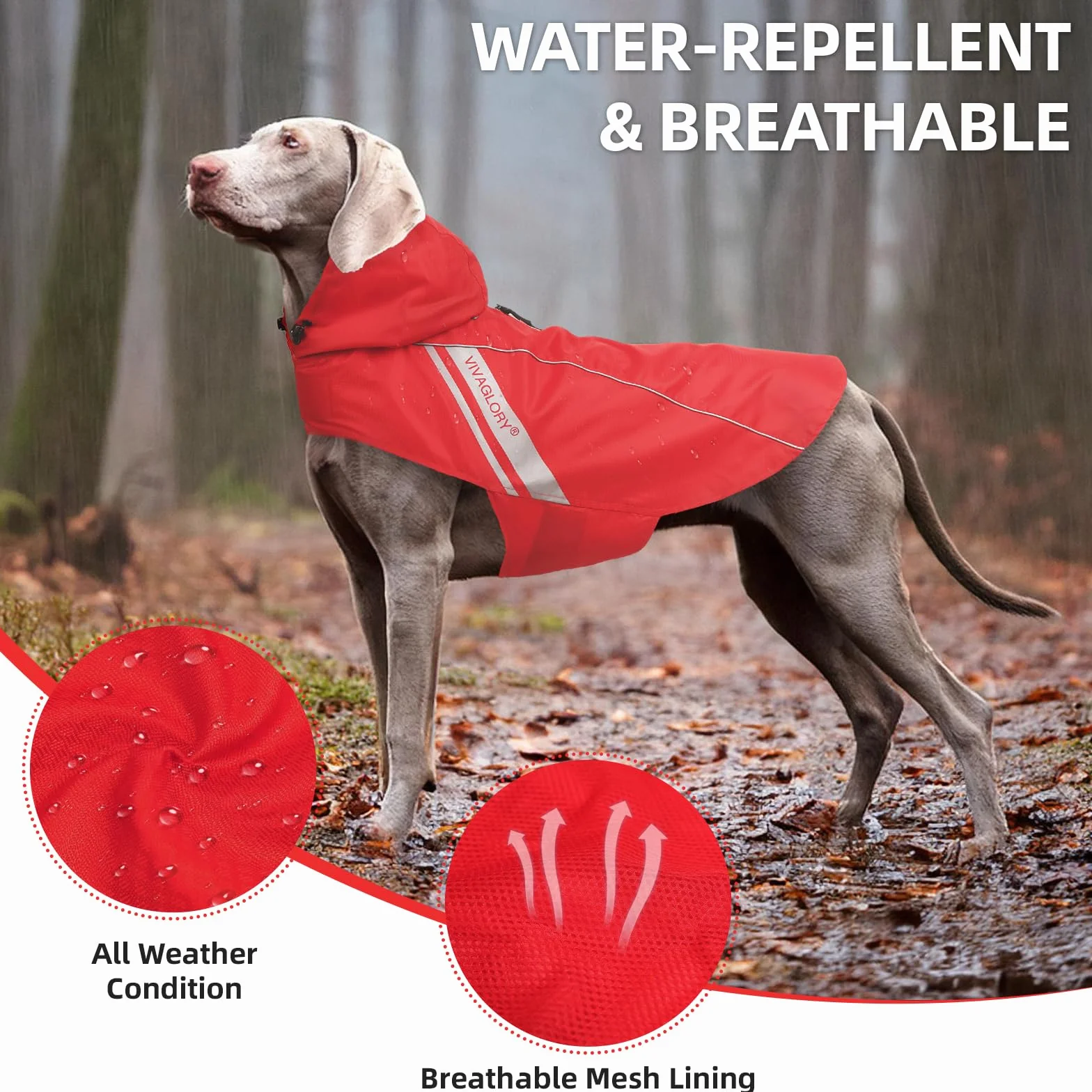 VIVAGLORY Wetoff Manteau de Pluie pour Chien, Veste Imperméable d'Hiver avec Protection Réfléchissante, XS, Rouge