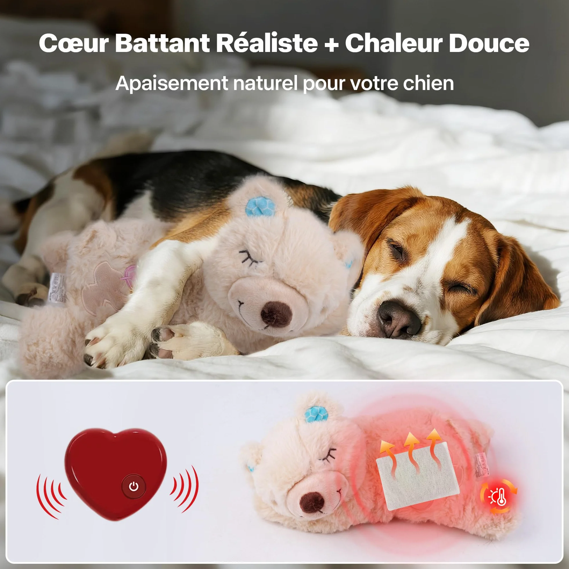 Pet Prime Peluche Apaisante pour Chien avec Battement de Cœur & Sac Chauffant Anti-Stress