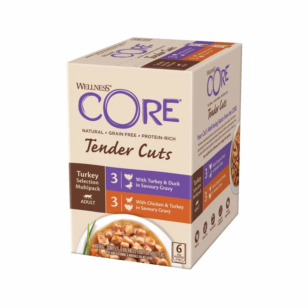 Wellness CORE Tender Cuts 6 x 85g, Multipack Poulet/Dinde/Canard – Tendre Morceaux pour Chats Adultes, sans Céréales, Naturelles, Hypoallergénique, Riche en protéines, À Haute Teneur en Viande,