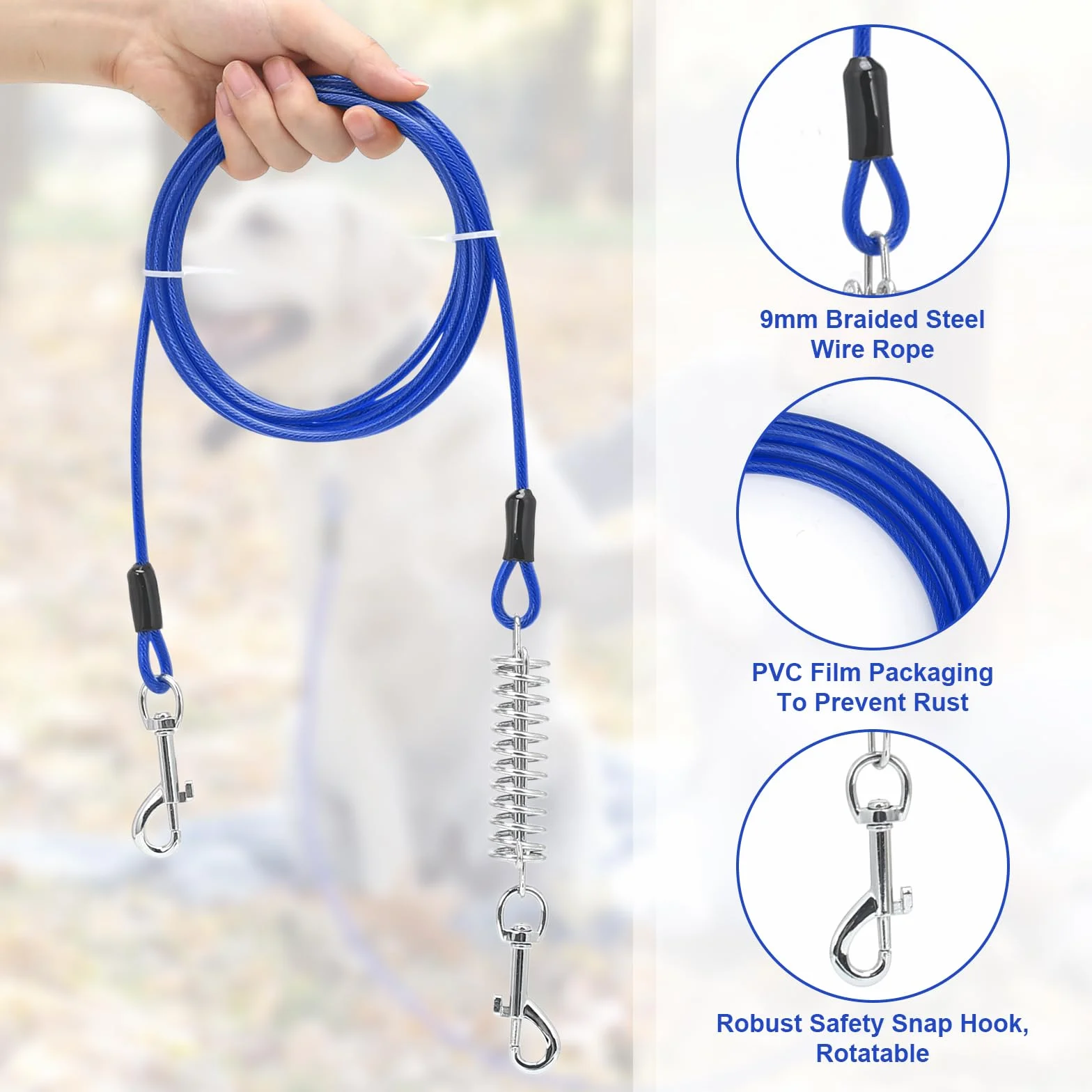 Ancrage au sol pour chien - 42 cm x 9 mm - Robuste et durable - Avec crochet rotatif et ressort absorbant les chocs - Pics pour chien en spirale - Pour jardin, plage, pelouse, extérieur (bleu)