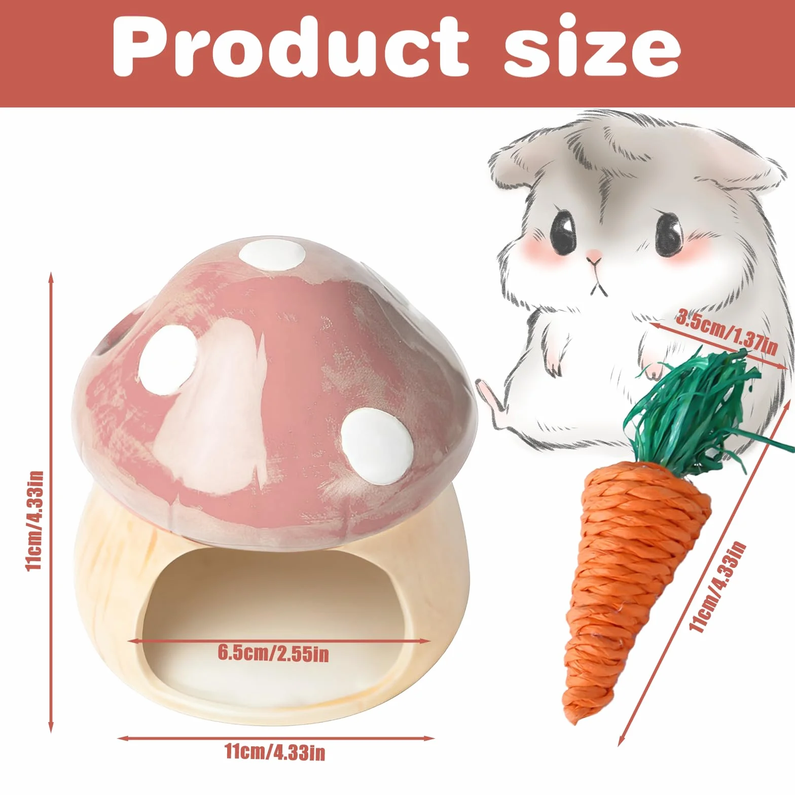 Nizirioo Niche unique en céramique pour hamster : cachette durable pour hamster, cabane et jouet dentaire, tunnel en forme de champignon, grandes entrées pour gerbilles, souris, chinchillas (rose)