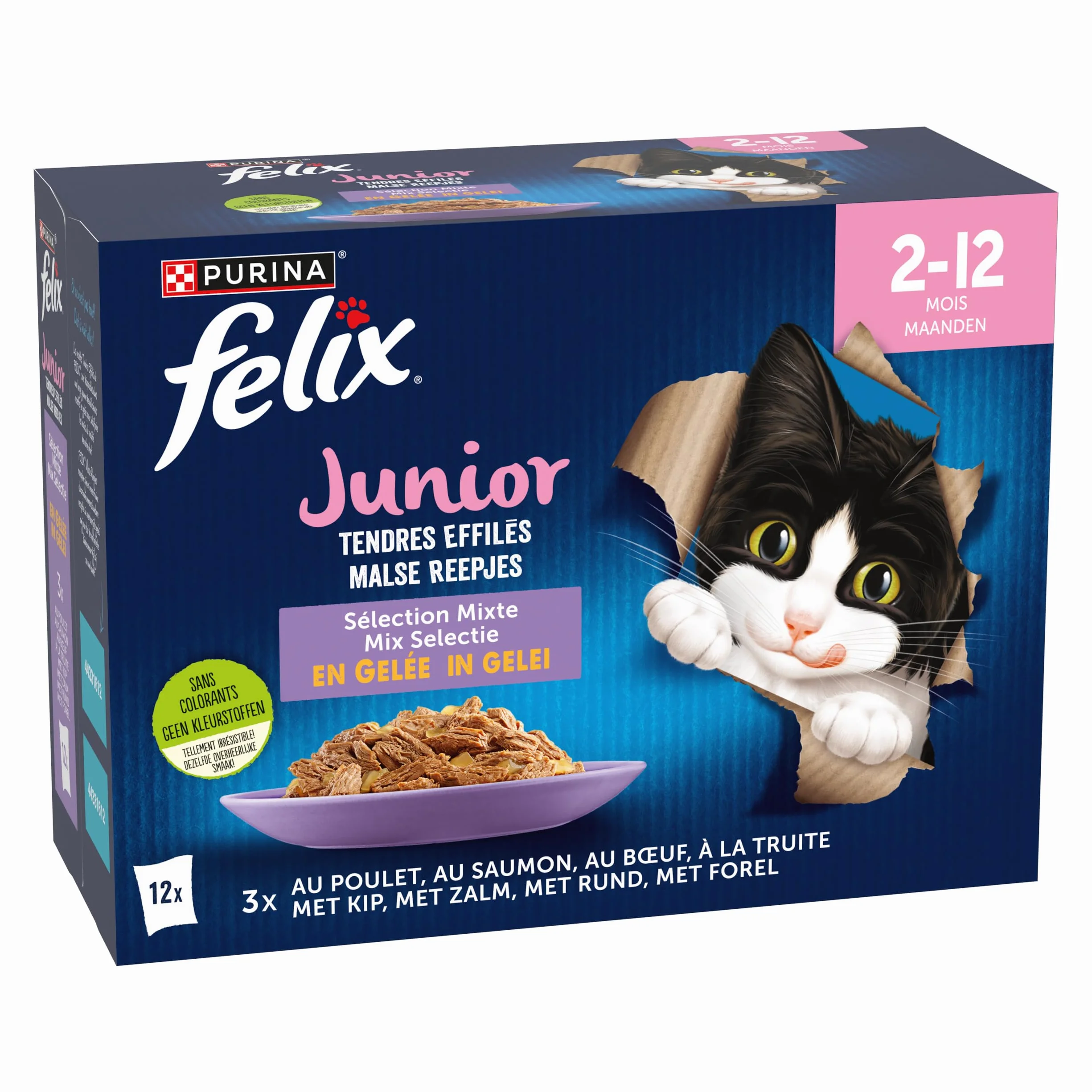 PURINA Felix Tendres Effilés Junior Aliment Complet pour Chatons Stérilisés Poulet Boeuf Saumon Truite Gelée Portion Individuelle 12 x 85g