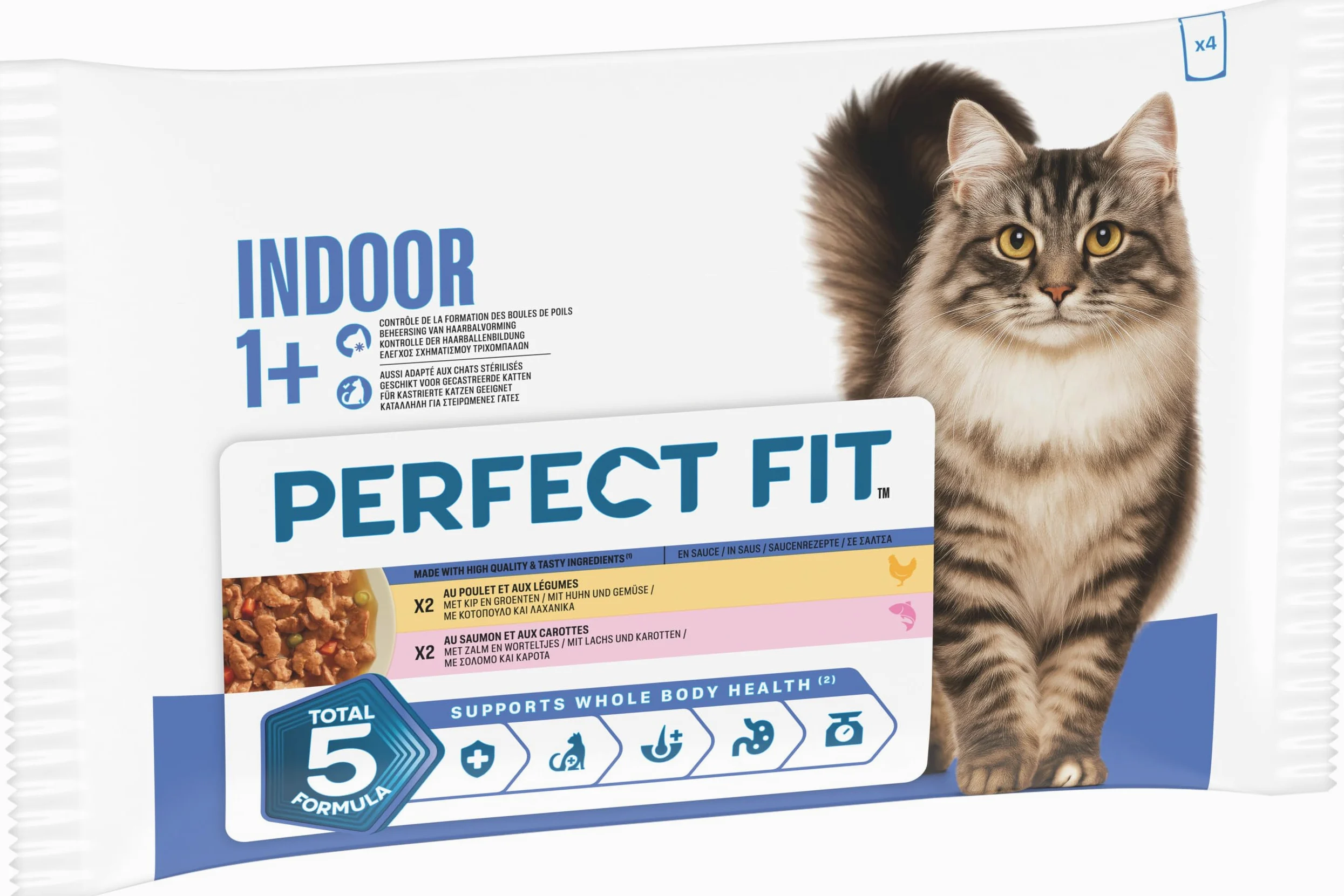 Sachet de Nourriture pour Chat Indoor 1+, 4 x 13 x 85 g au Poulet et aux Petits Pois/au Saumon et aux Carottes (Pack de 52)