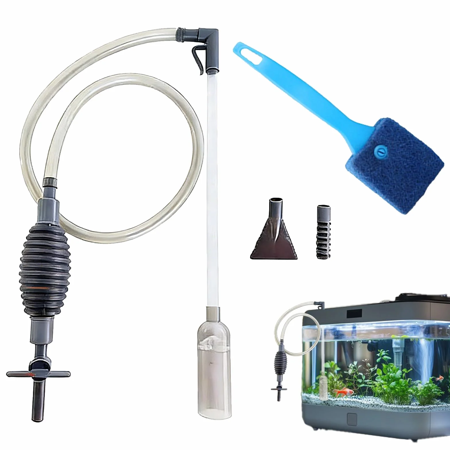 Pompe Siphon Nettoyage Aquarium Brosse Changement d'Eau Grattoir Algues