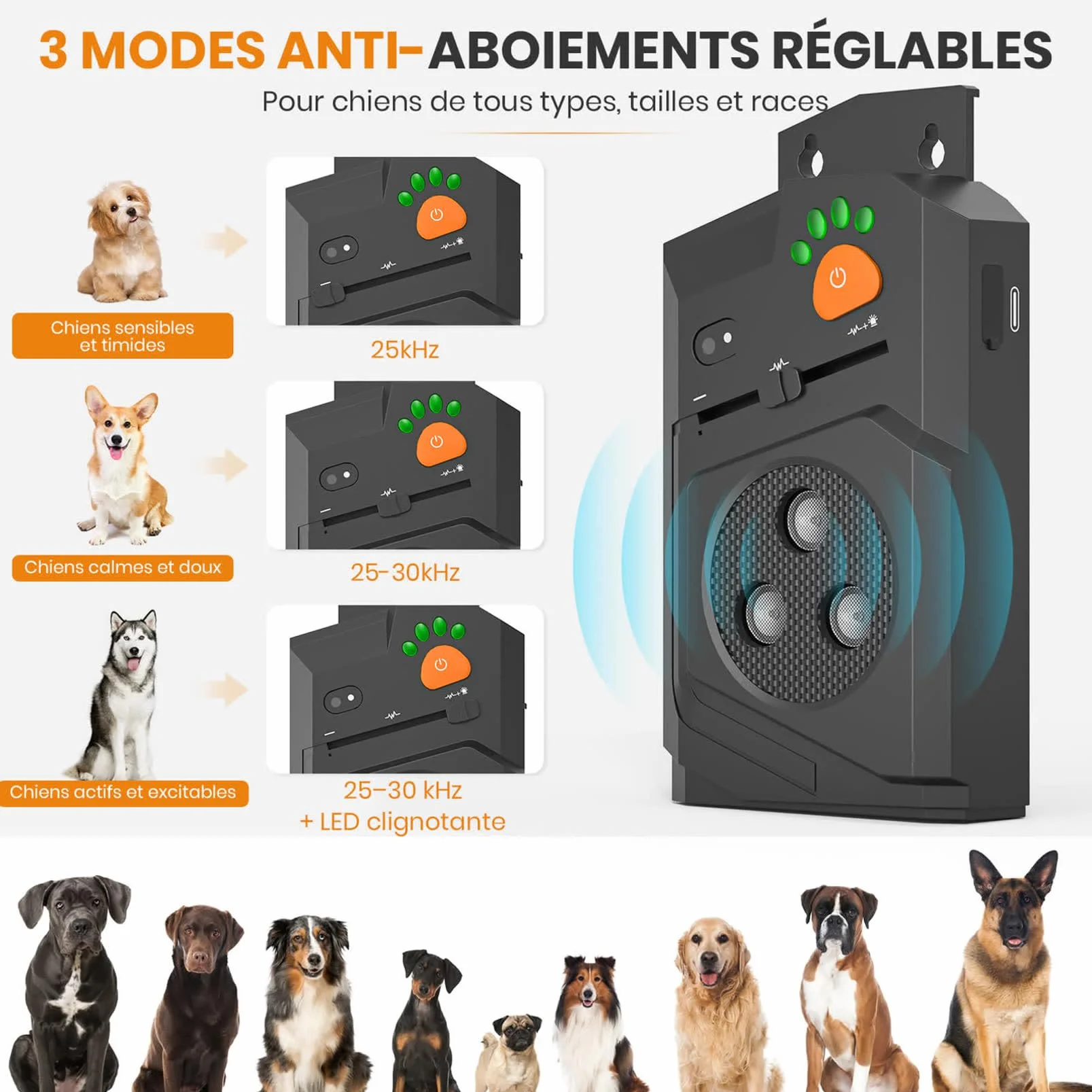 Anti Aboiement Chien Ultrason Puissant IP56 15m USB Rechargeable 3 Modes