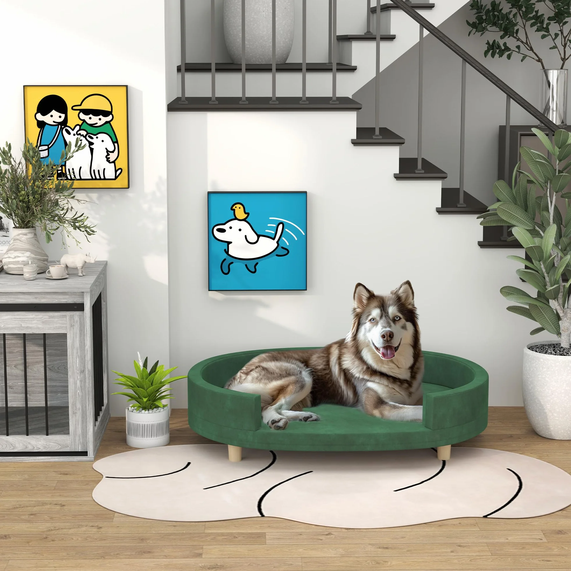 PawHut Canapé pour Chien avec Coussin Amovible, Velours Doux, Pieds Bois Massif, 100x70x25 cm, Vert