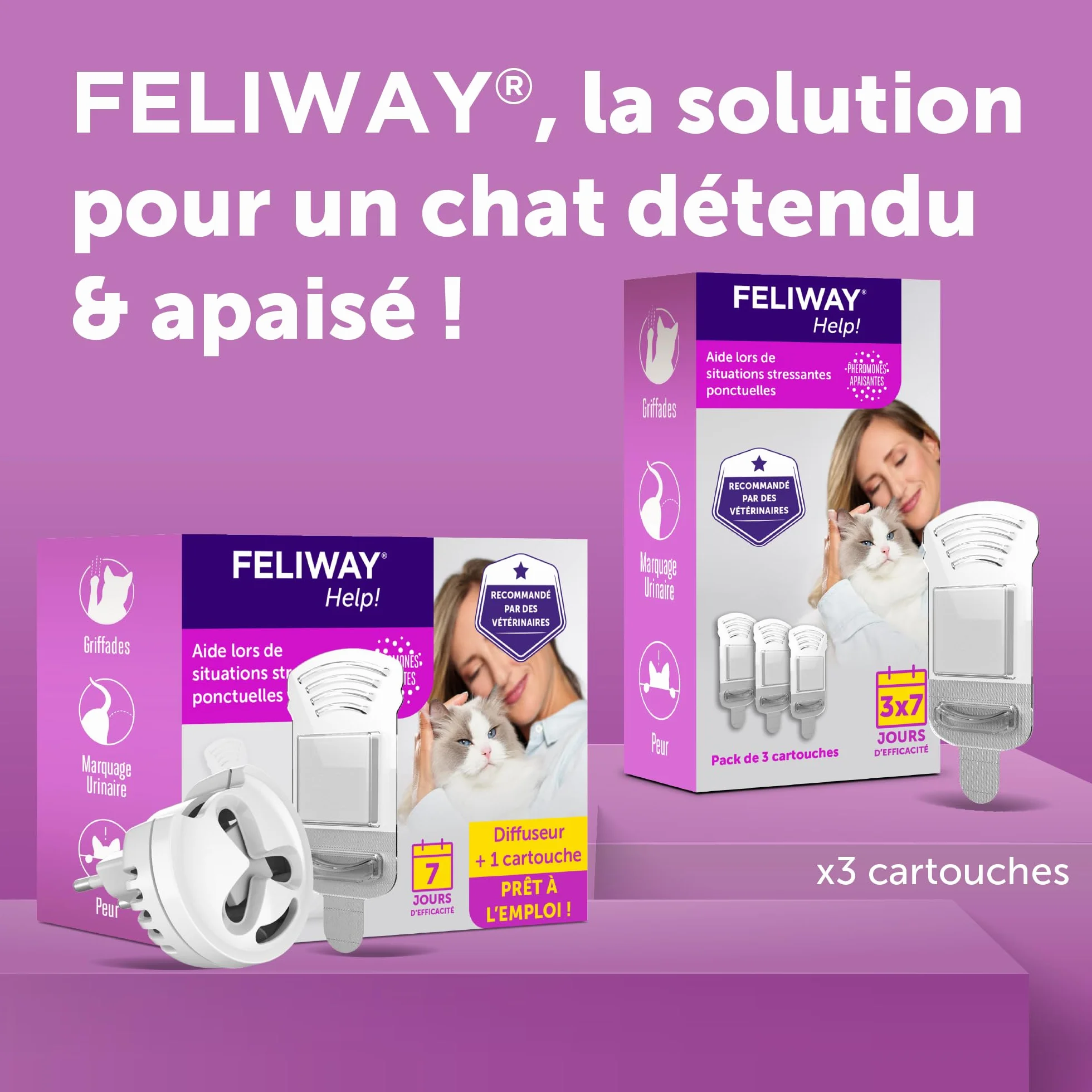 FELIWAY Help! Diffuseur Recharge phéromones apaisantes Chats 7 Jours Calmer Stress ponctuel Recommandé vétérinaires