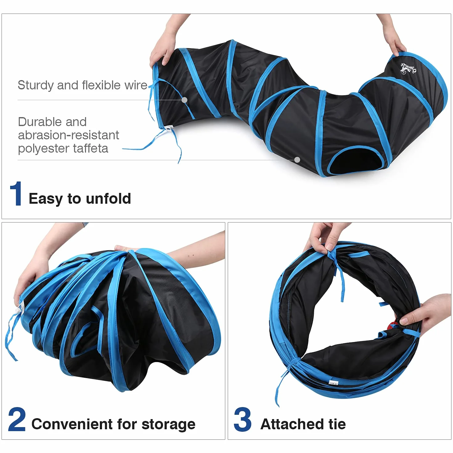 Pawaboo Tunnel Pliable en Forme de S, Jouet Interactif Tube avec Pompon et Cloches pour Chat Chiot Lapin - Noir