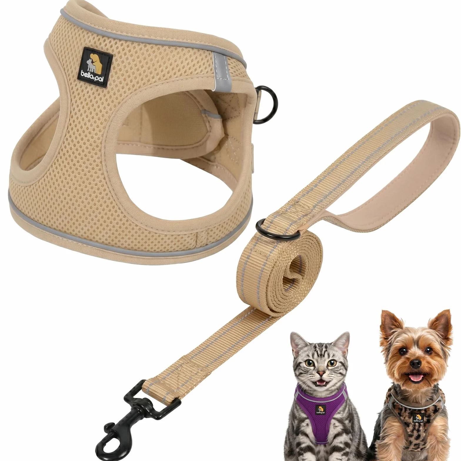 Harnais Anti-Traction pour Petit Chien et Chiot avec Laisse, Ajustable Sans Étranglement, Maille Aérée, Bande Réfléchissante, Kaki, Taille S