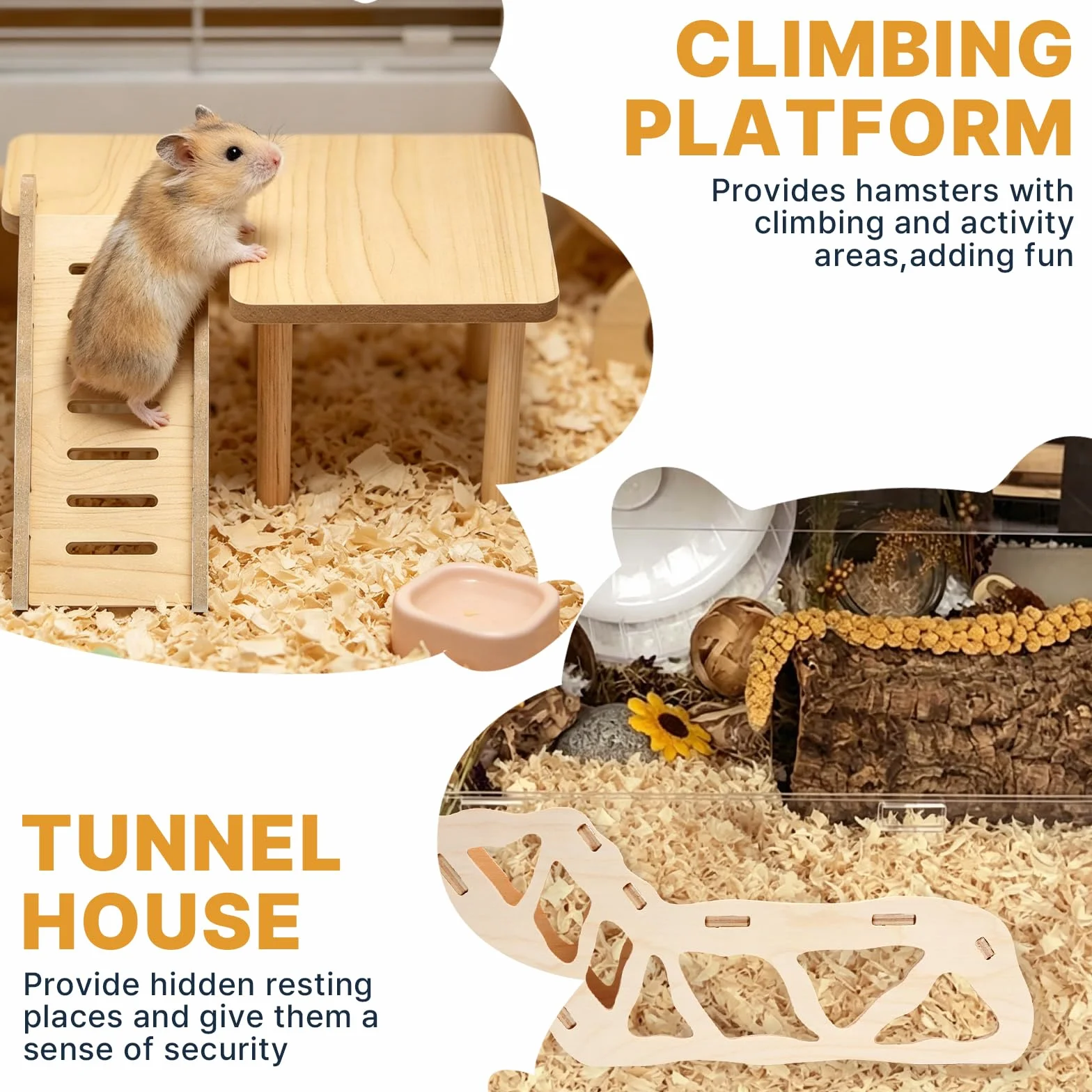 Plateforme en Bois pour Hamster avec Échelle d'escalade et Tunnel, Set Plateforme pour Petit Animal de Compagnie, Hamster Russe Doré Syrien Nain, Jouet à Mâcher Accessoire Cage