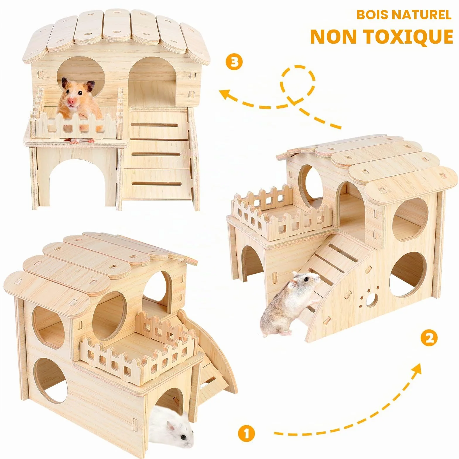 Maison Hamster,Maison en Bois pour Hamster,2 Etages Maisonnette pour Hamster,Hamster Maison d'angle,Jouet pour Hamster,Maison Cochon d'inde,Accessoire Hamster pour Hamster Nain Cochon Gerbille Rongeu
