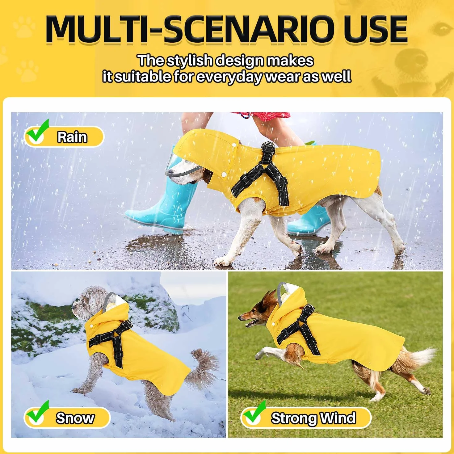 SlowTon Imperméable pour Chien - Manteau de Pluie pour Chien avec Harnais de Poitrine, Capuche Amovible, Veste de Pluie imperméable à Fermeture éclair, Poncho de Pluie pour Chien sans Manches avec