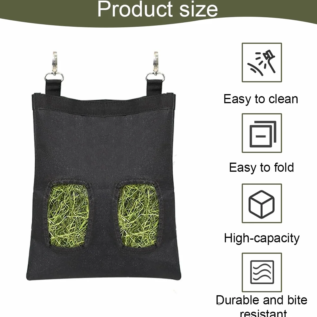 Sac à Foin pour Lapin, Distributeur de Foin Automatique Suspendu avec 4 Fenêtres, Noir