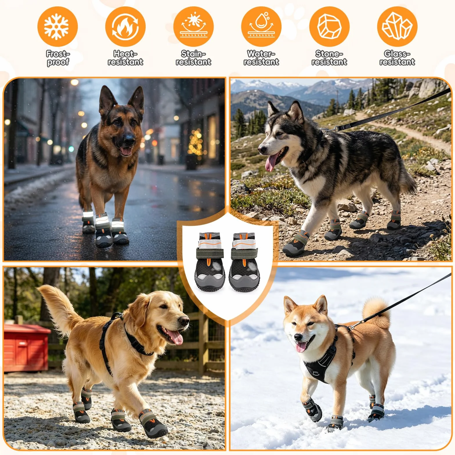 Bottes Chien avec Bandes Réfléchissantes, Chaussures Respirantes Semelle Antidérapante Neige Randonnée (6.1 x 8 cm)