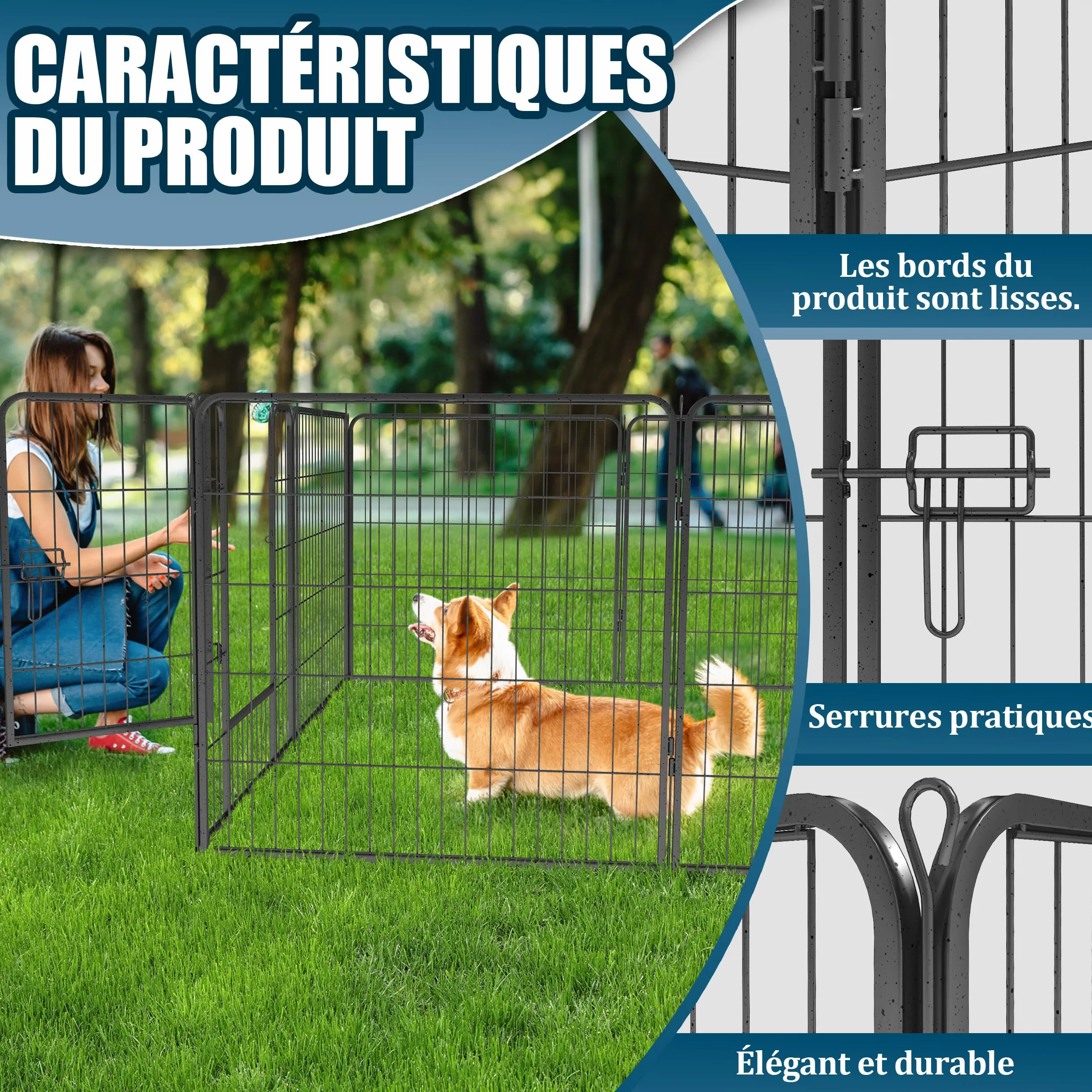 Parc pour Chien Enclos 8 Panneaux Chiot Petit Exterieur/Interieur pour Animaux de Compagnie 80 x 60 cm Noir