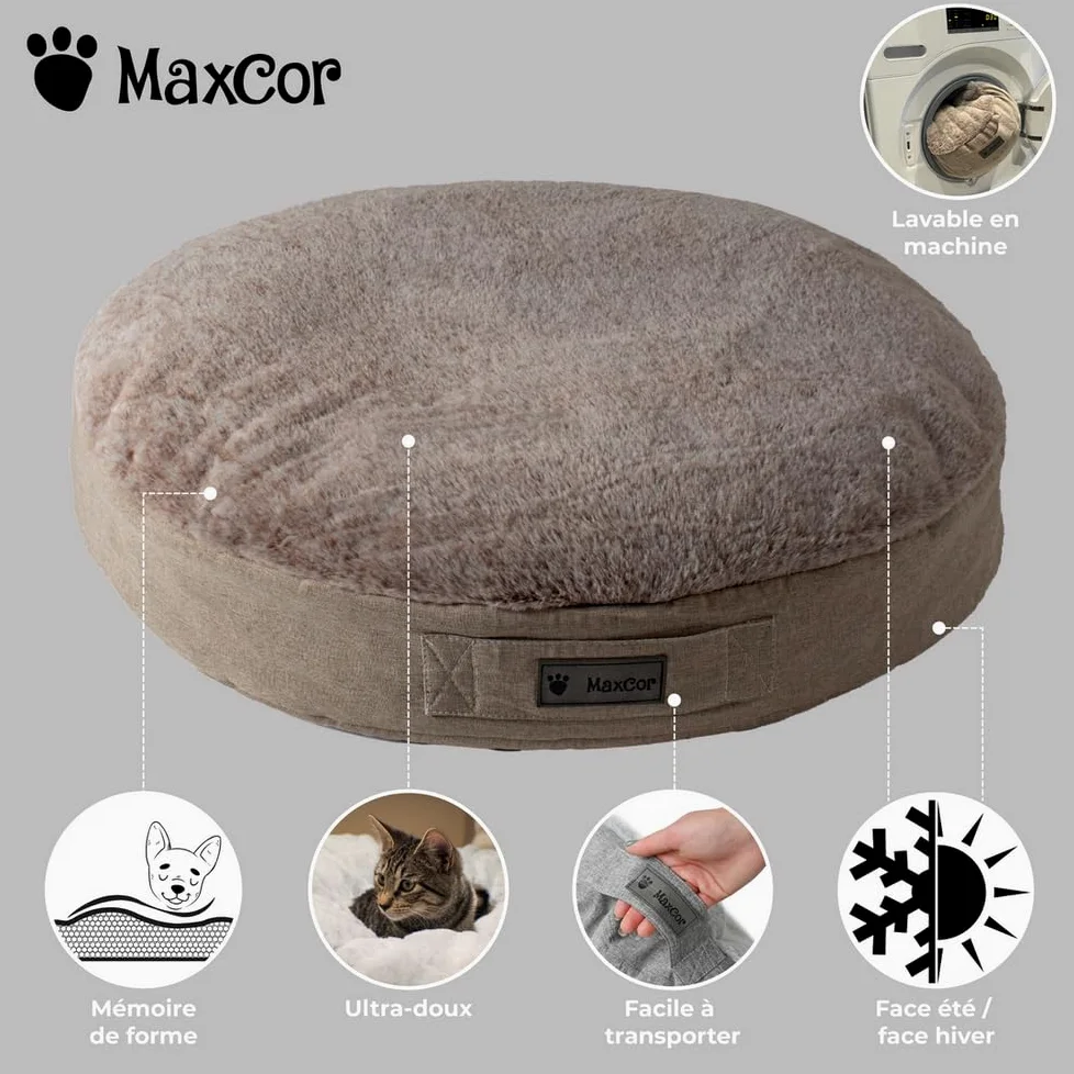 MaxCor Coussin Chien et Chat Rond à Mémoire de Forme Orthopédique - Petit Beige - Soulage et Préserve Les articulations - Réversible Face Hiver, Face été - Ne se déforme Pas et Lavable en Machine