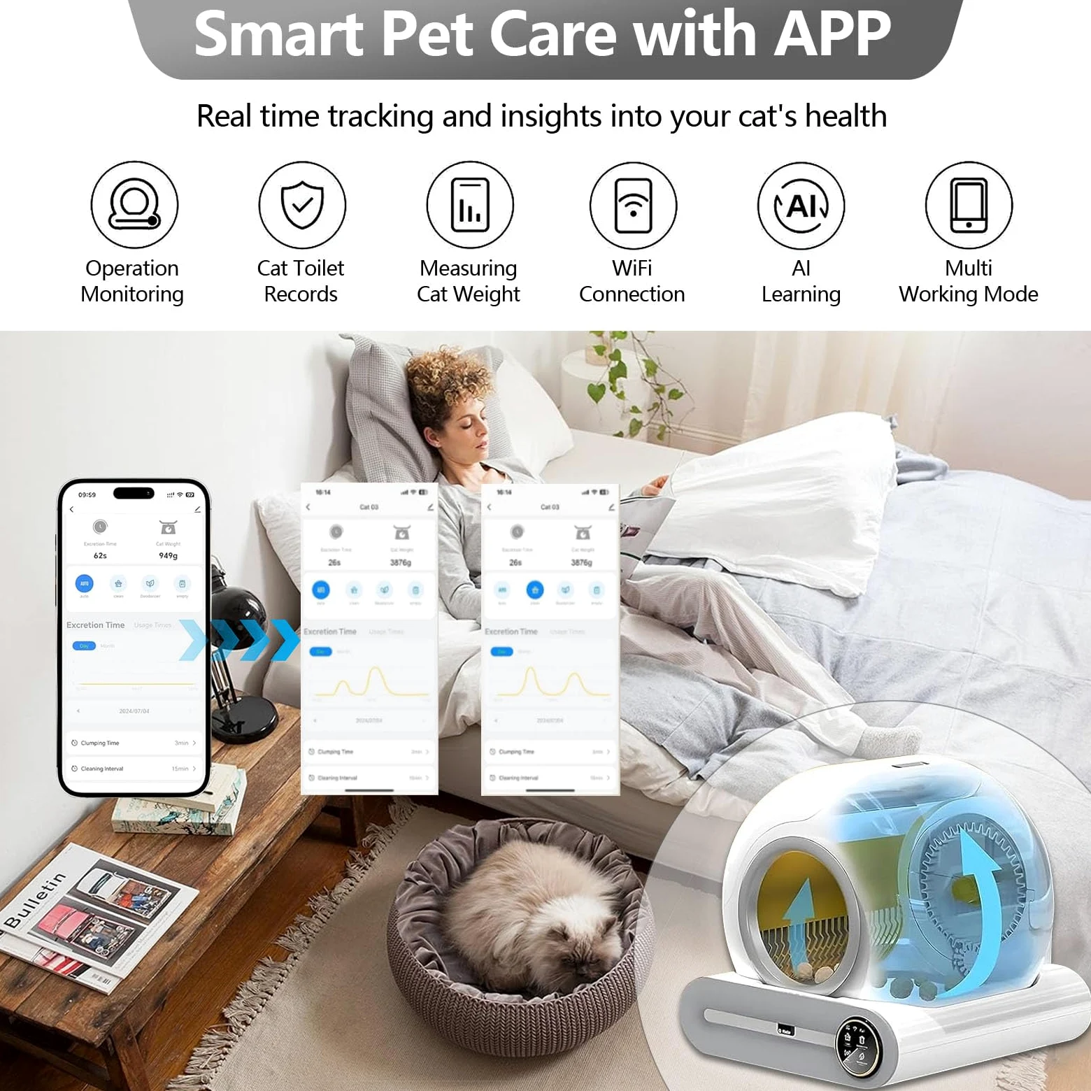 Litière pour chat autonettoyante avec protection de sécurité pour chats et chats domestiques, taille XXL, isolation des odeurs et contrôle des applications avec tapis
