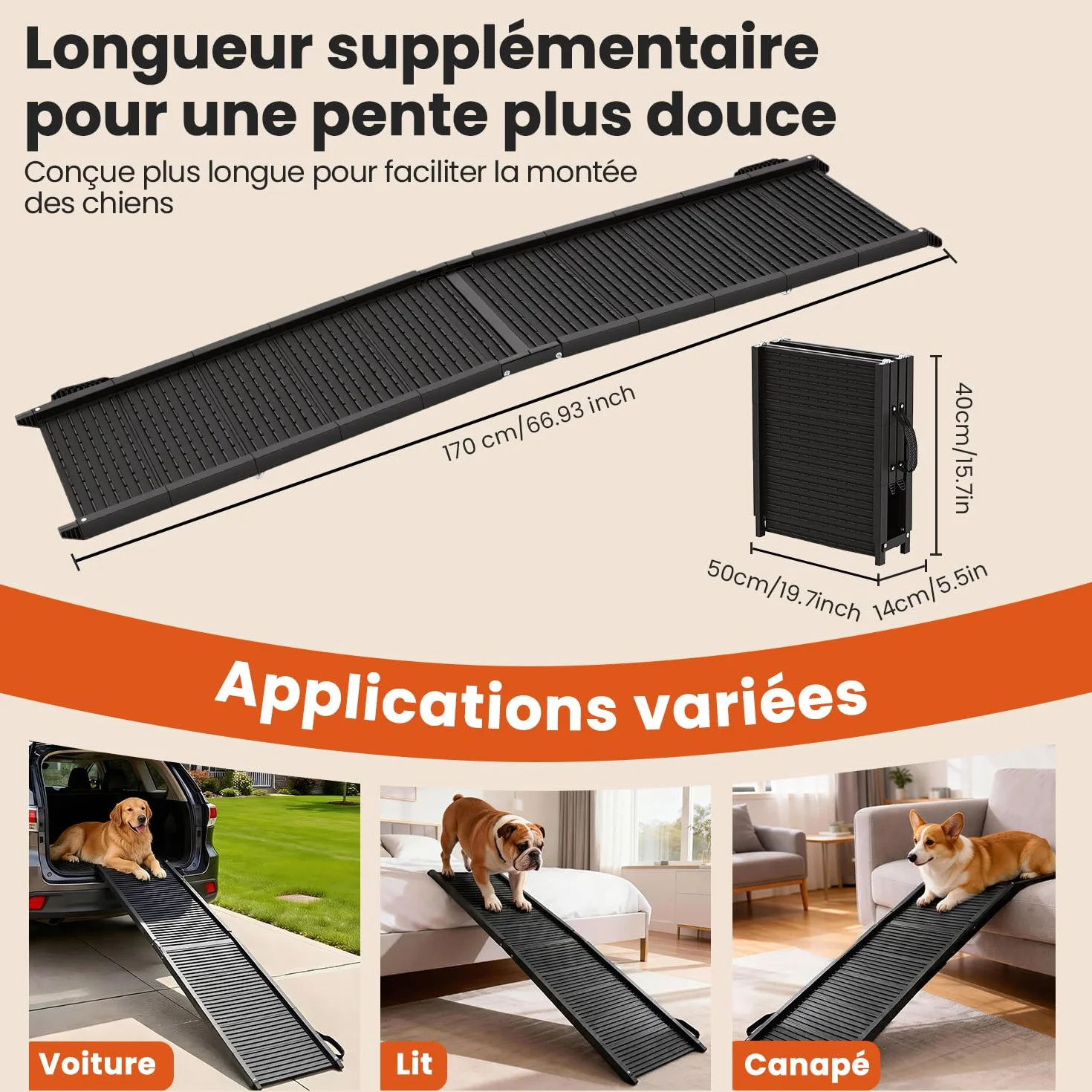Rampe pour Chien pour Voiture 170 cm x 41 cm,Rampe Pliable Extra Longue avec Surface Antidérapante, Rampe Portable pour Animaux pour SUV, Camion, Lit & Canapé, pour Chiens Moyens et Grands