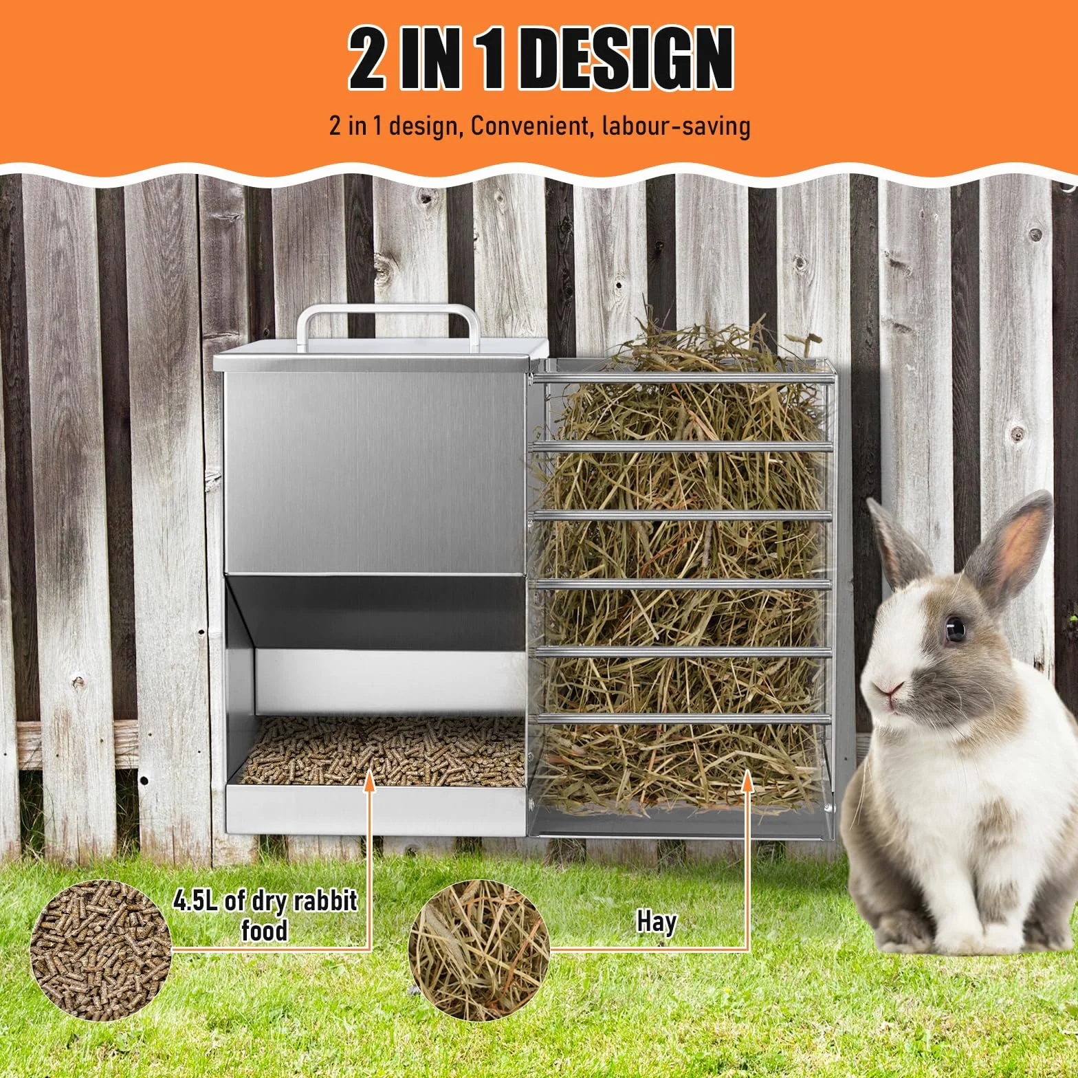 Mangeoire Automatique pour Lapin 2 en 1 avec Bouteille d'Eau 5L Distributeur Acier Inoxydable