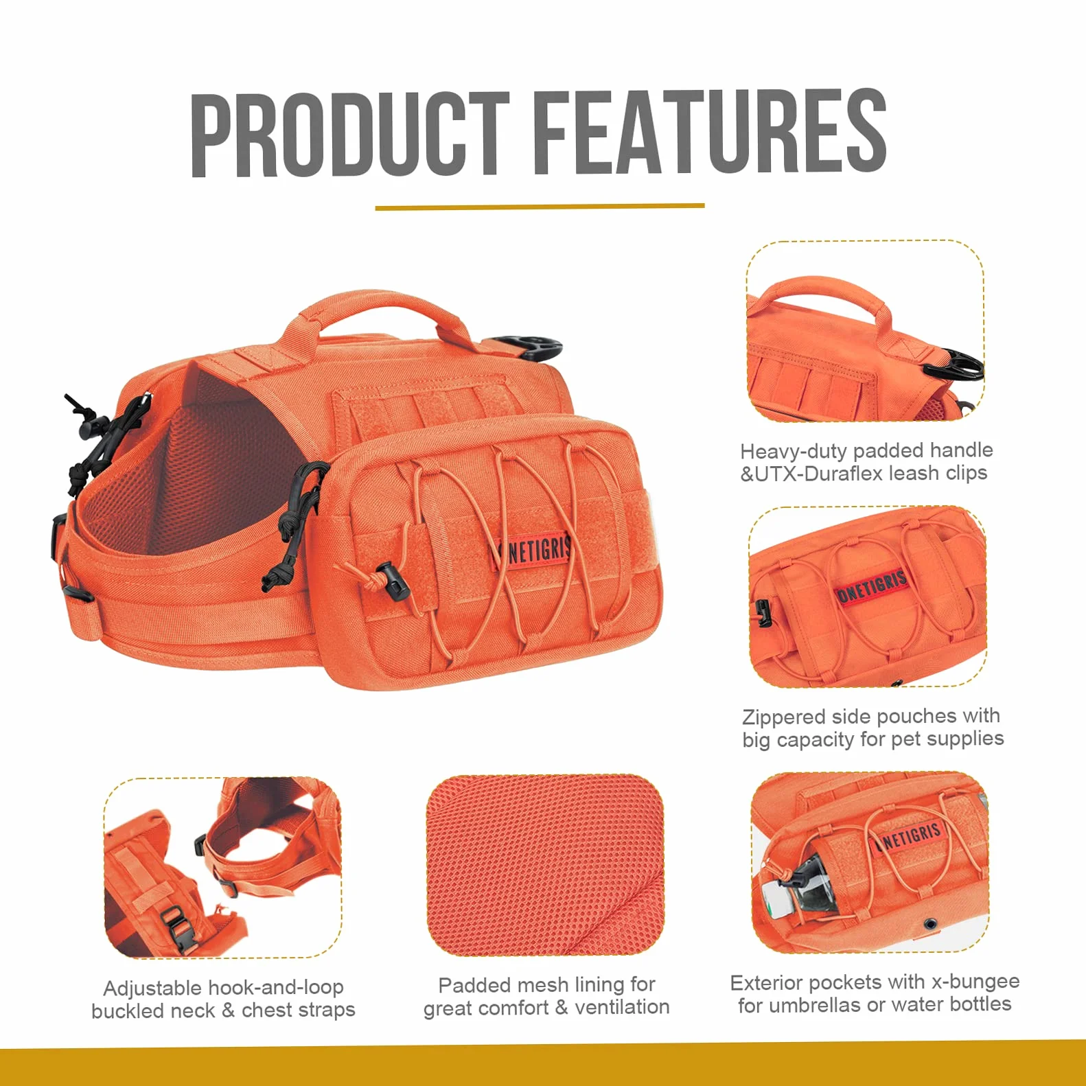OneTigris Mammoth Sac à dos pour chien version 2.0 L orange