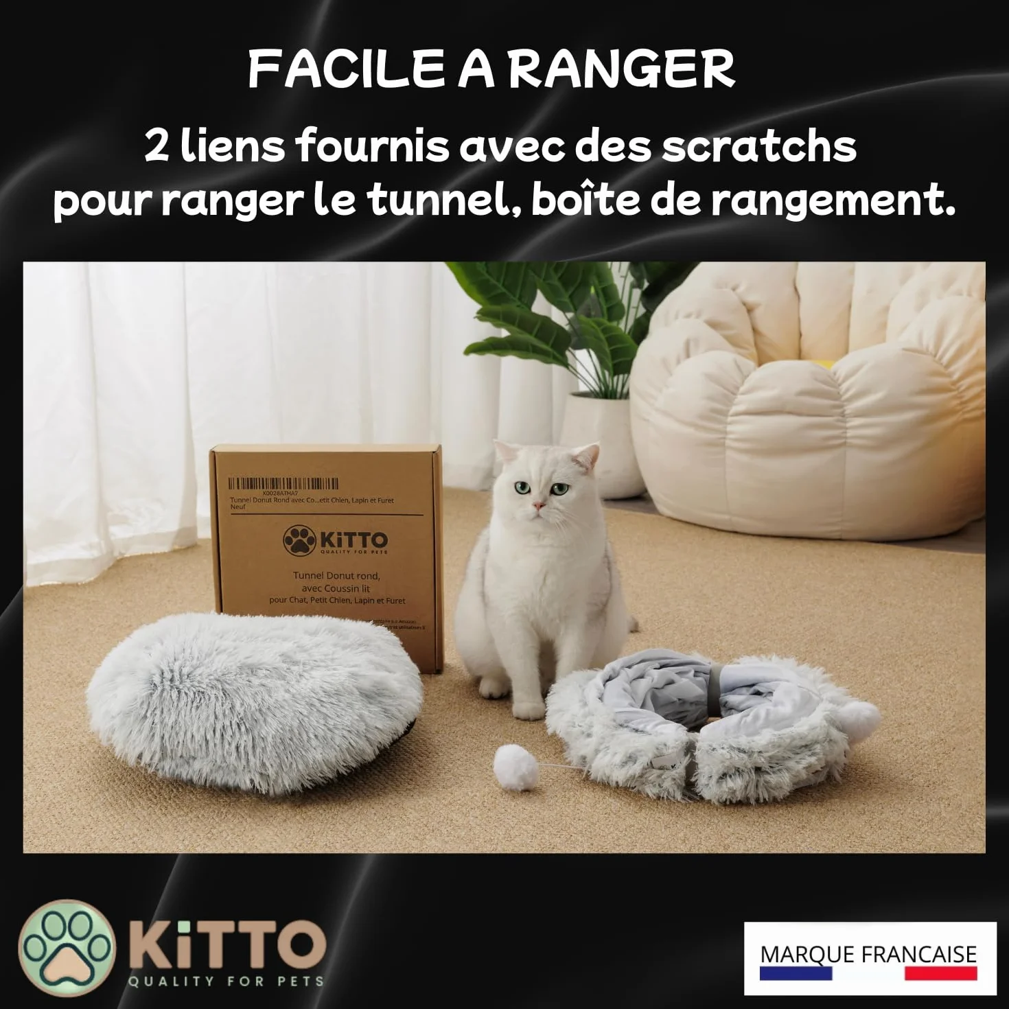 Kitto - Tunnel pour Chat - Panier Moelleux avec Coussin lit - Tunel Cat Jeu - Cabane, Niche - Tunnelle modulable - Rond -Convient pour Chat XXL, Petit Chien, Lapin, Furet - 12 Attaches en Bois