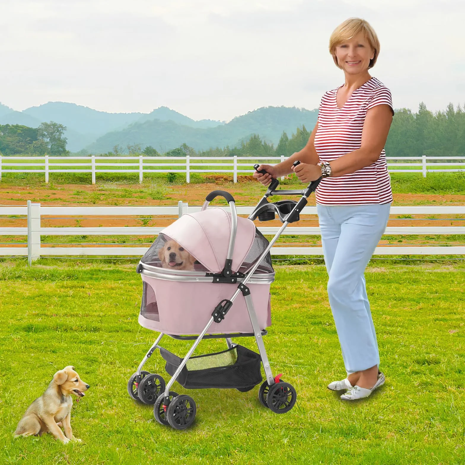 Poussette pliable pour chien 50x60 cm rose sakura avec roues universelles