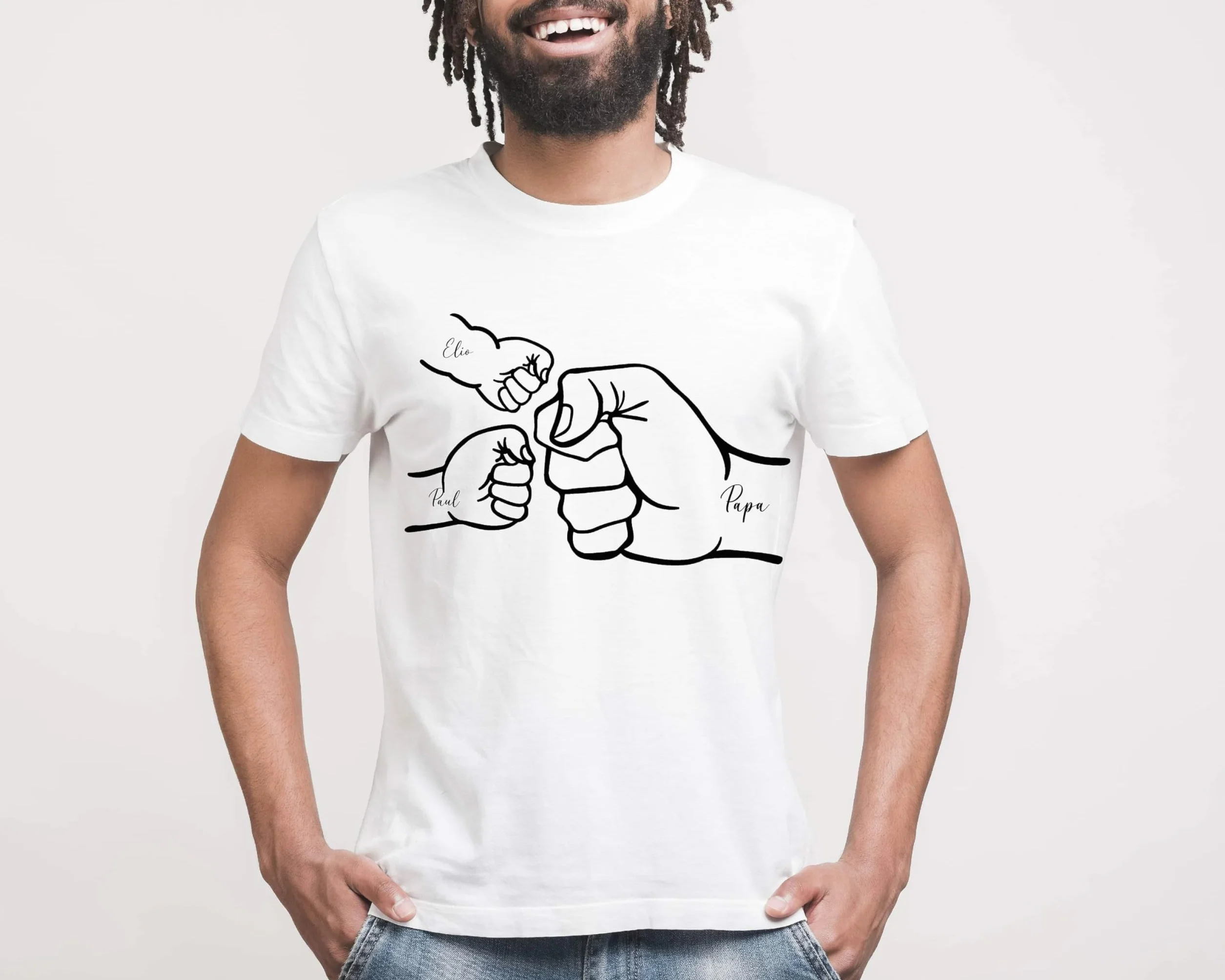 T-shirt Blanc Papa Poing Enfants Imprimés Personnalisé Prénoms Fête des Pères S M L XL XXL