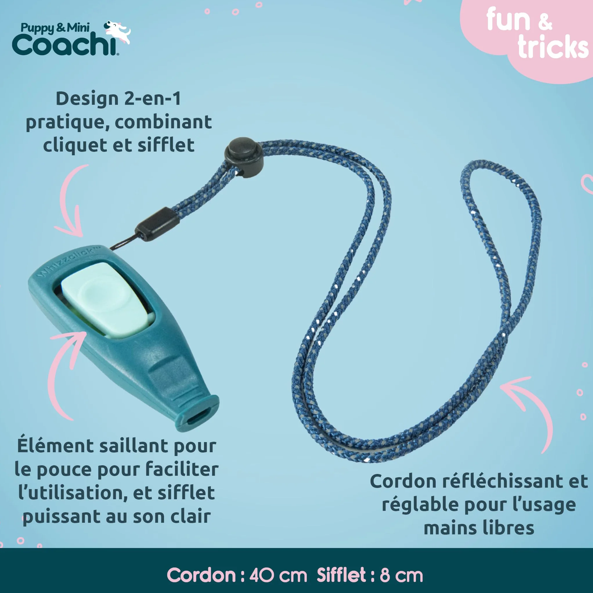 Sifflet et clicker combinés 2-en-1 pour chien, éducation rappel et récompense, cordon réglable réfléchissant