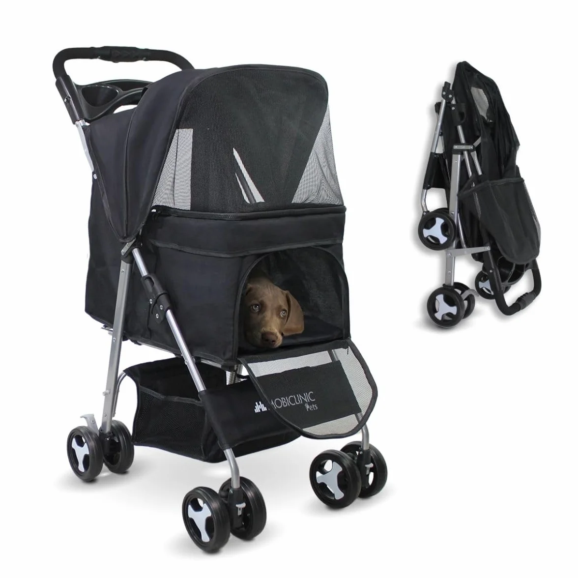 Mobiclinic Poussette Buggy Pliable Chien Zuma Jusqu'à 15 kg Roues Freins 360° Panier XXL Noir