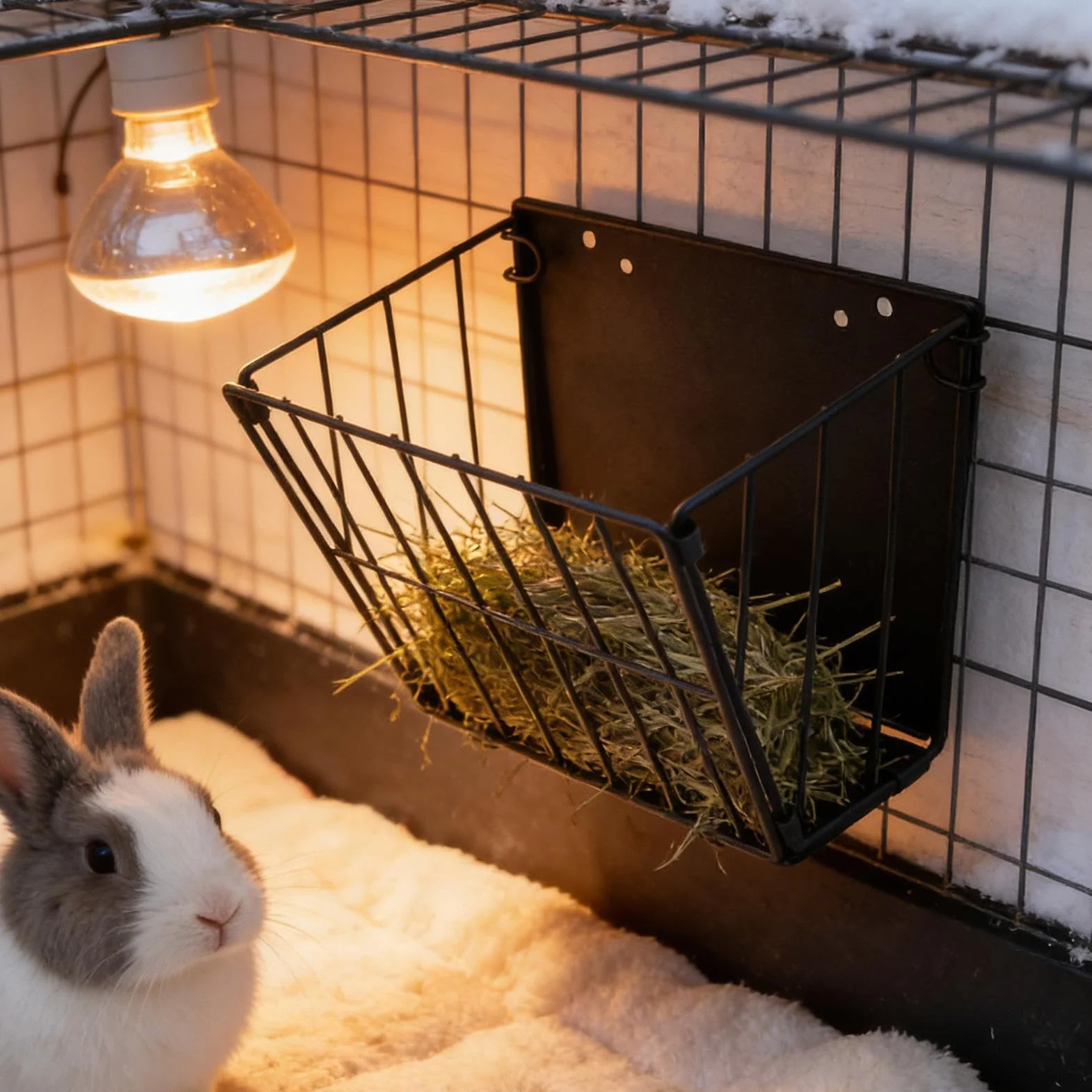 Râtelier à Foin pour Lapin Pliable avec Crochet - Distributeur de Foin en Cadre Métallique