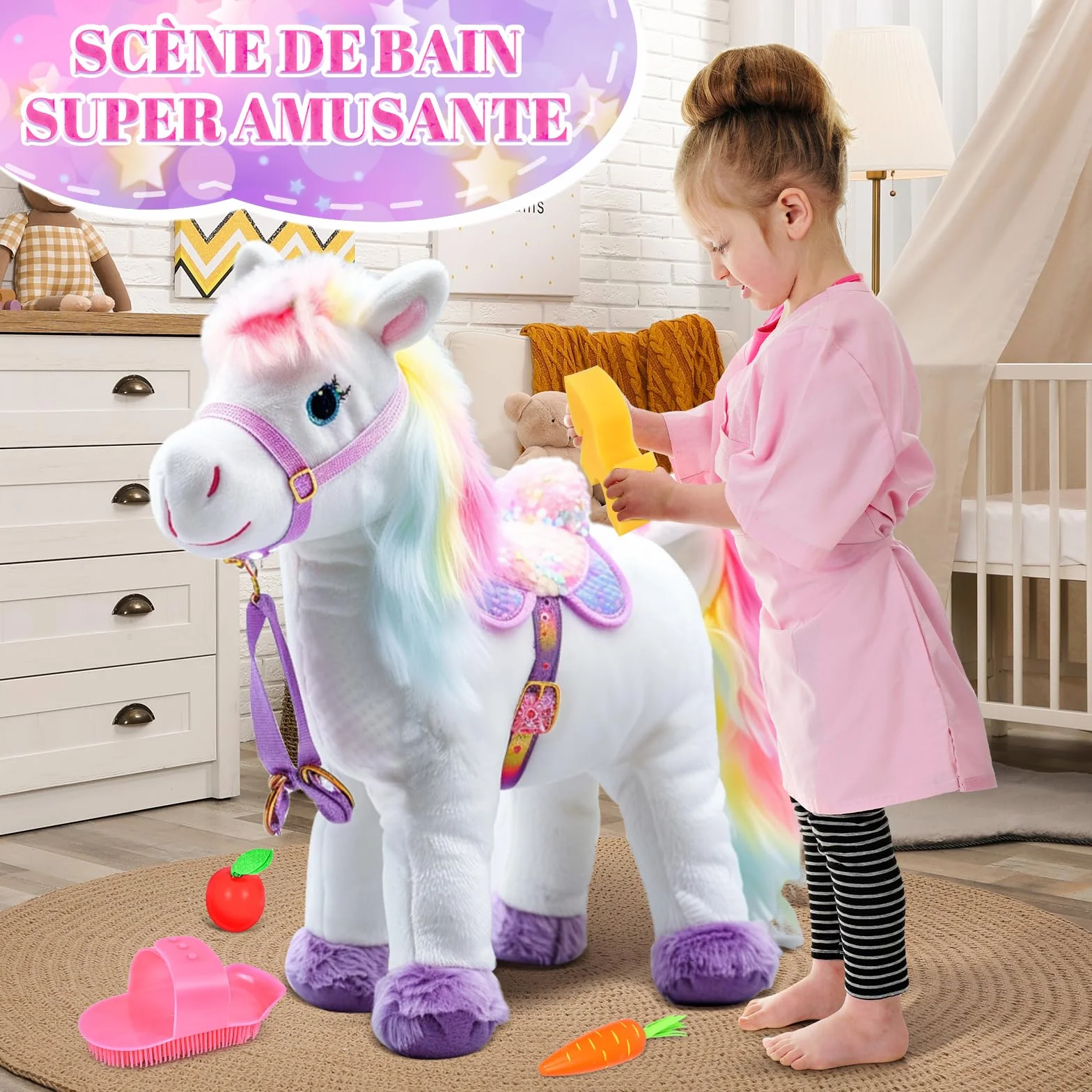 Set de Pansage Cheval Jouet Accessoires Enfants avec Brosse de Massage et Grattoir à Sabot