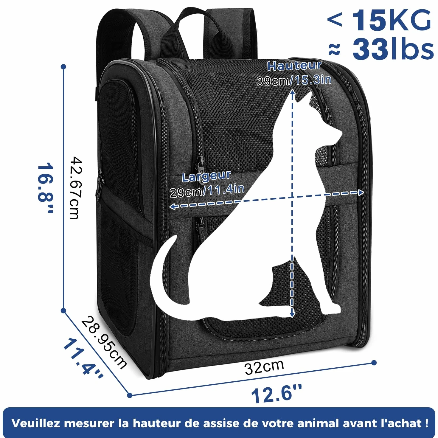 Apollo Walker Sac Transport Chat Chien pour Petits 5-12 kg 32L*30B*42H Sac à Dos en Maille Respirante pour Animaux de Compagnie Noir