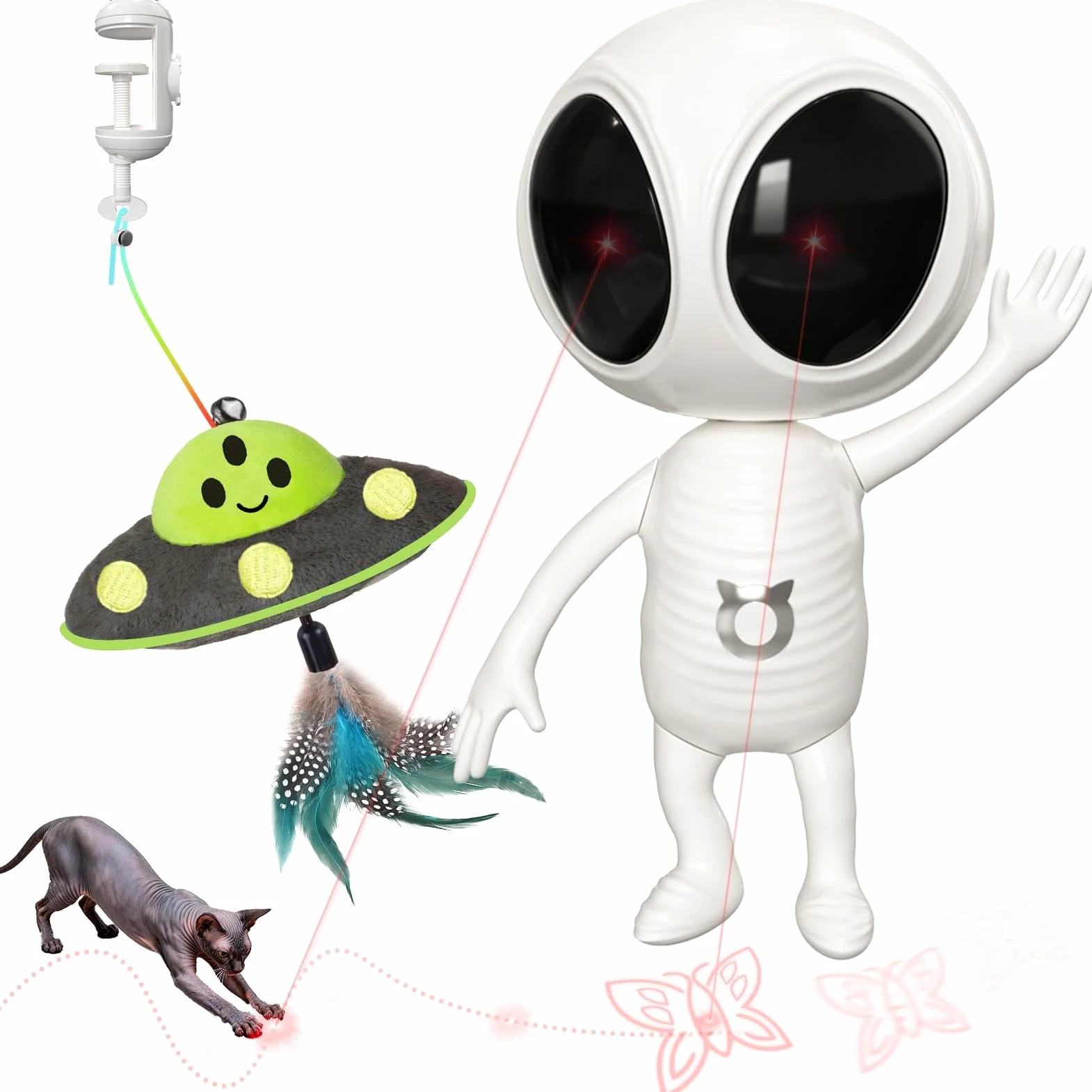 GoldenSun Jouet interactif 2 en 1 automatique avec double projection et pendentif OVNI pour chat d'appartement, activé par le mouvement, rechargeable, 4 modes de jeu, fixation par pince, blanc