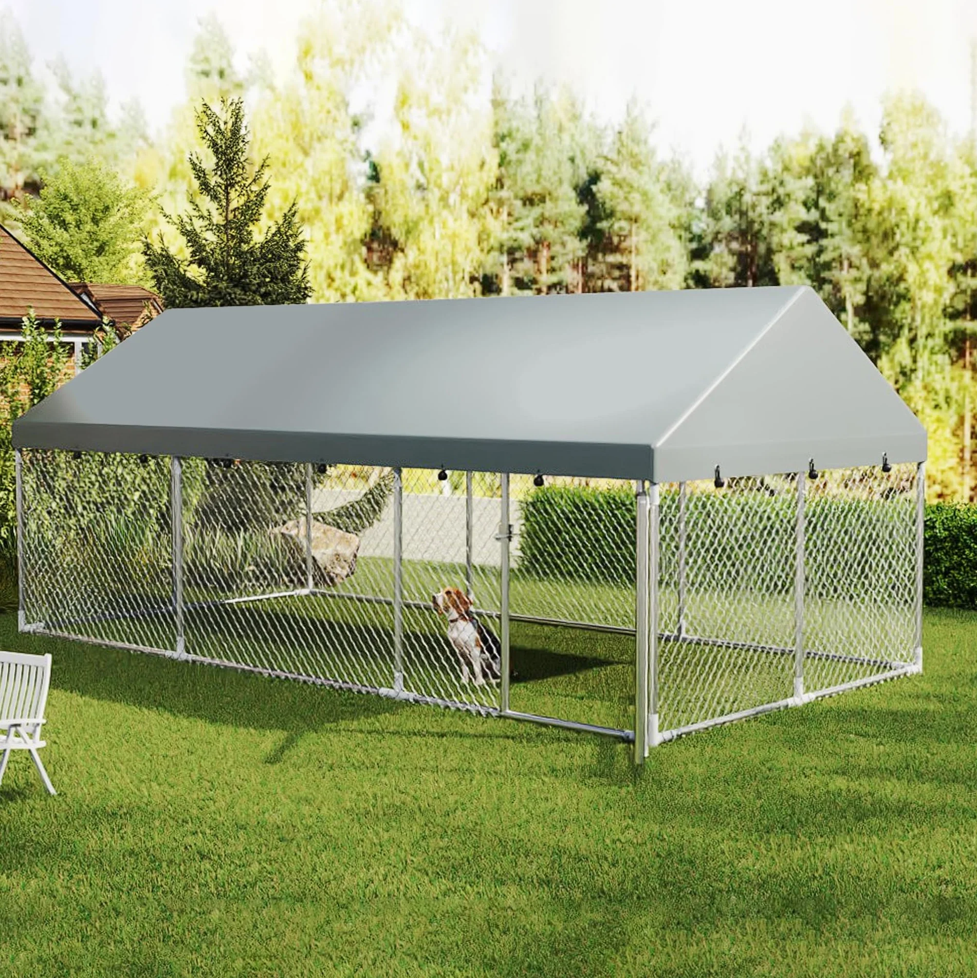 FIVMEN Enclos pour chien 400x200x165 cm acier galvanisé protection solaire toit porte verrouillable extérieur