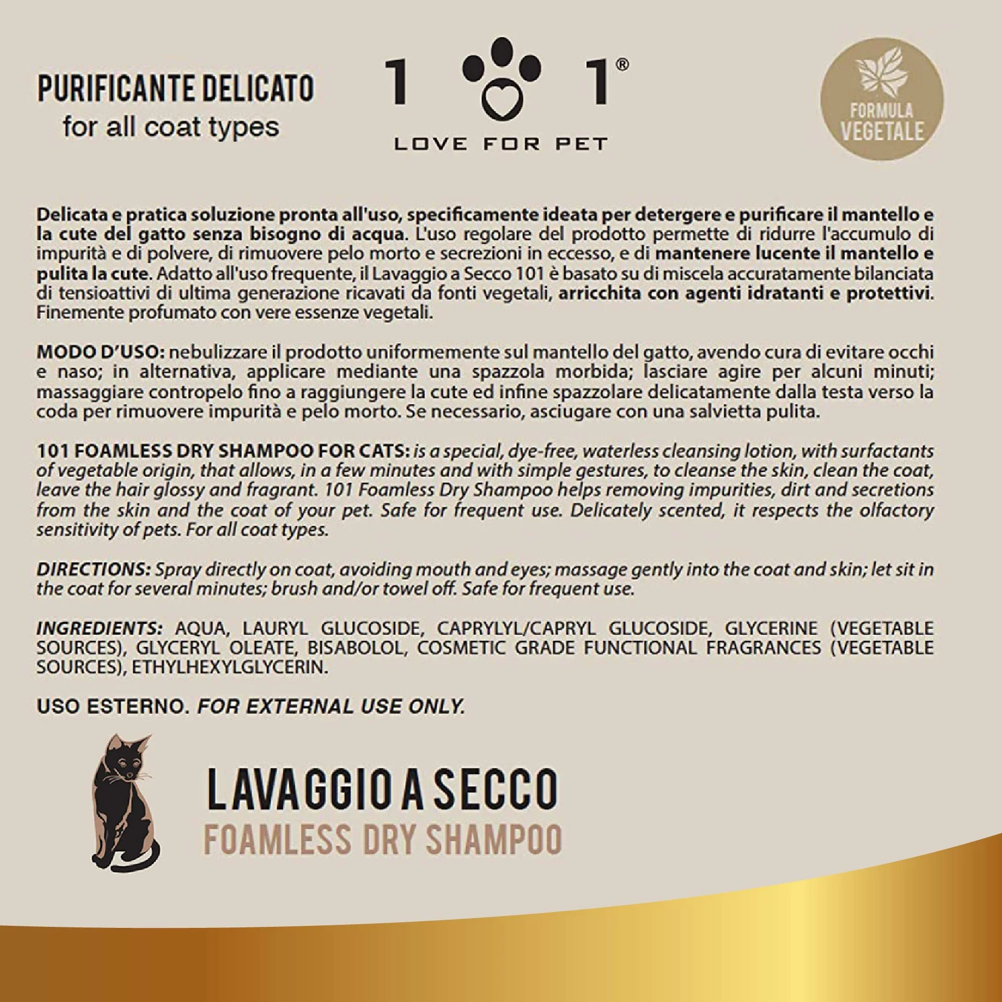 Shampoing Sec Chat Naturel Linea 101 250 ML Sans Rinçage Toilettage Rapide Pelage Propre Parfum Doux Made in Italy