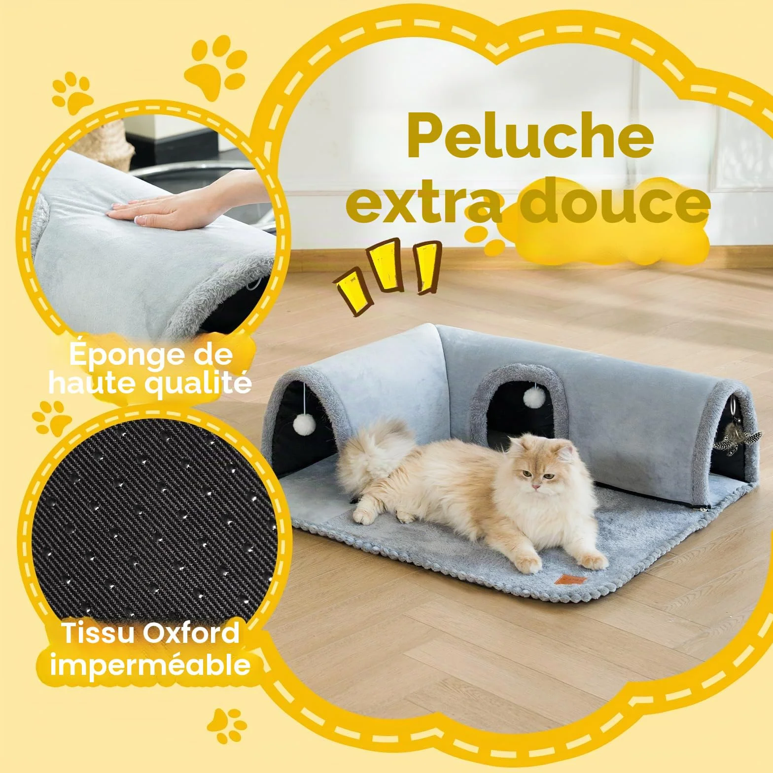 CATISM Lit Tunnel pour Chat à l'intérieur, Tube de Jeu Amovible pour Chaton, Tapis Lavable pour Chaton avec Jouets à balles