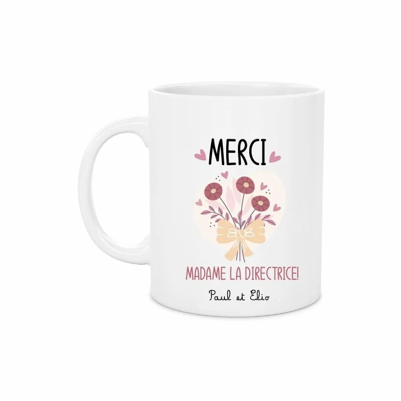 Mug Céramique Merci Madame la Directrice – Personnalisé avec Prénom(s) Enfant(s) – Fleurs Roses – Cadeau Fin d’Année Scolaire – 330 ml