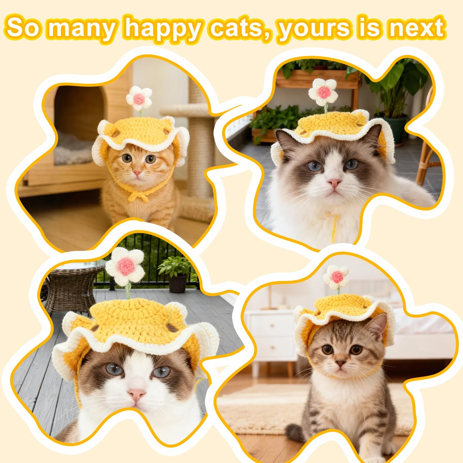 Chapeau d'anniversaire pour Chat avec Trous Oreilles, Ajustable, Tricoté, Mignon Design Fleur, Jaune