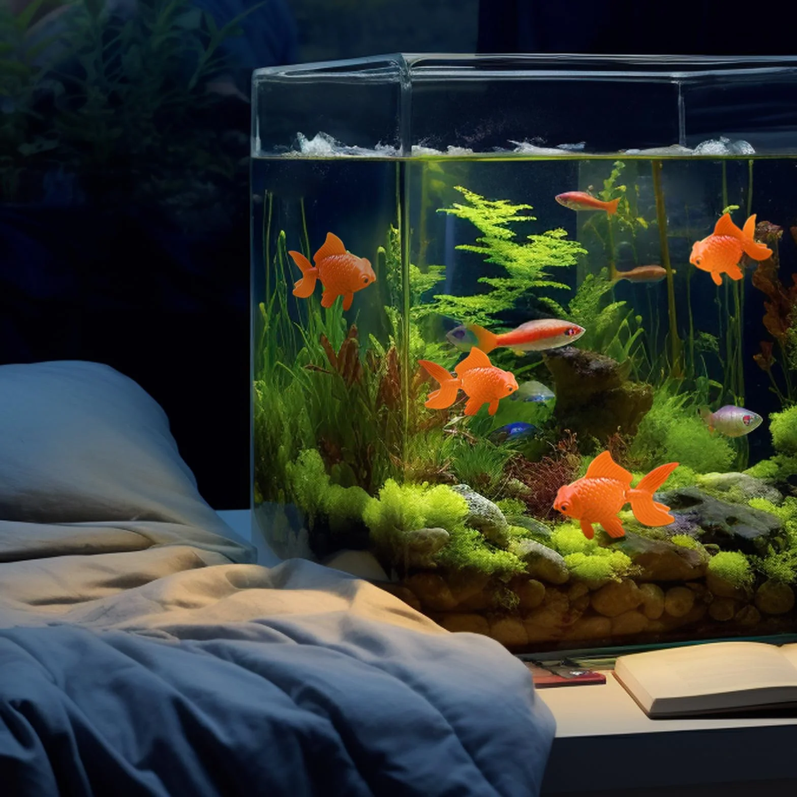 10 Pièces Poissons Artificiels Flottants pour Aquarium, Décors Poisson en Plastique (Orange)