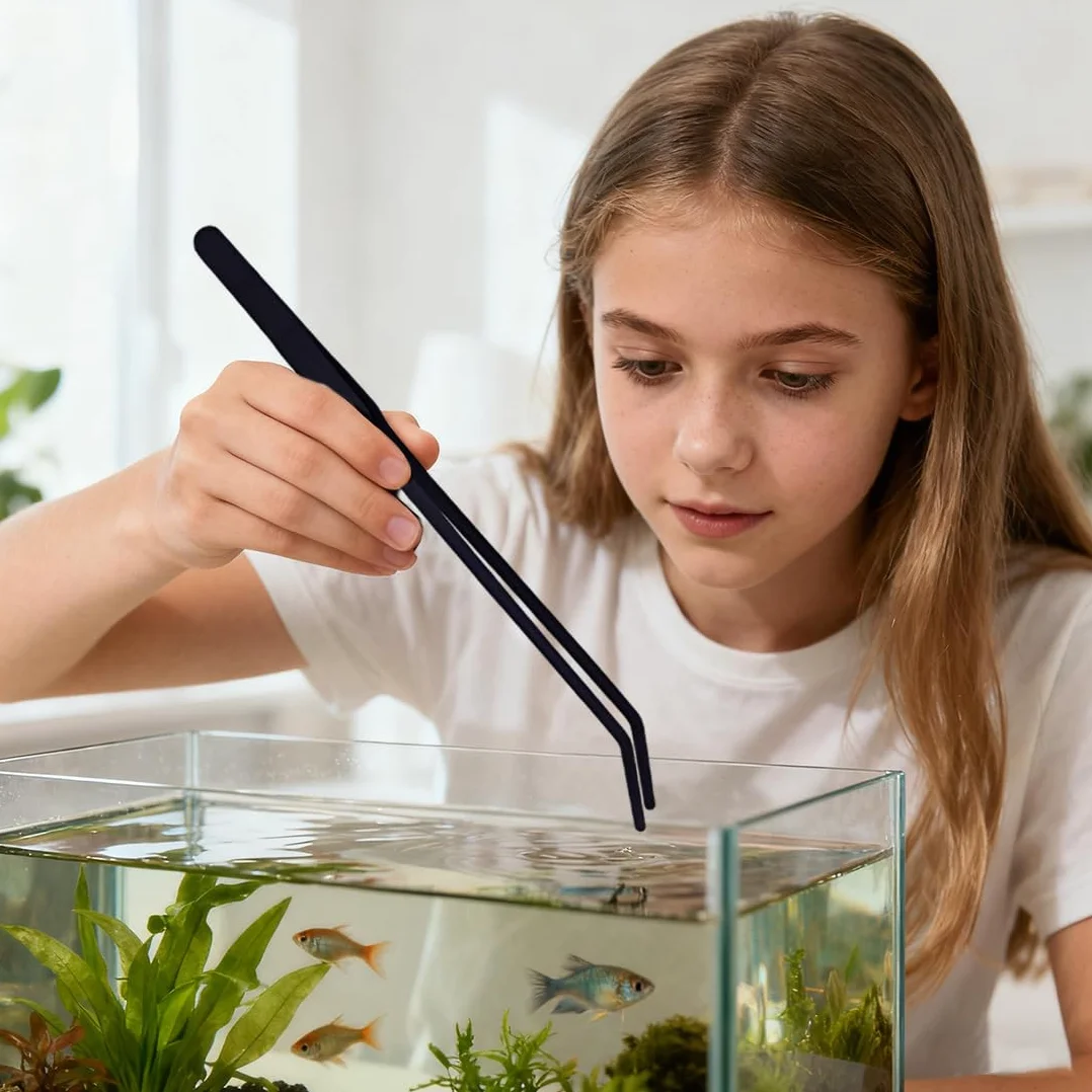 Pince à Aquarium en Acier Inoxydable 27 cm Courbée Noir pour Reptiles et Plantes Aquatiques