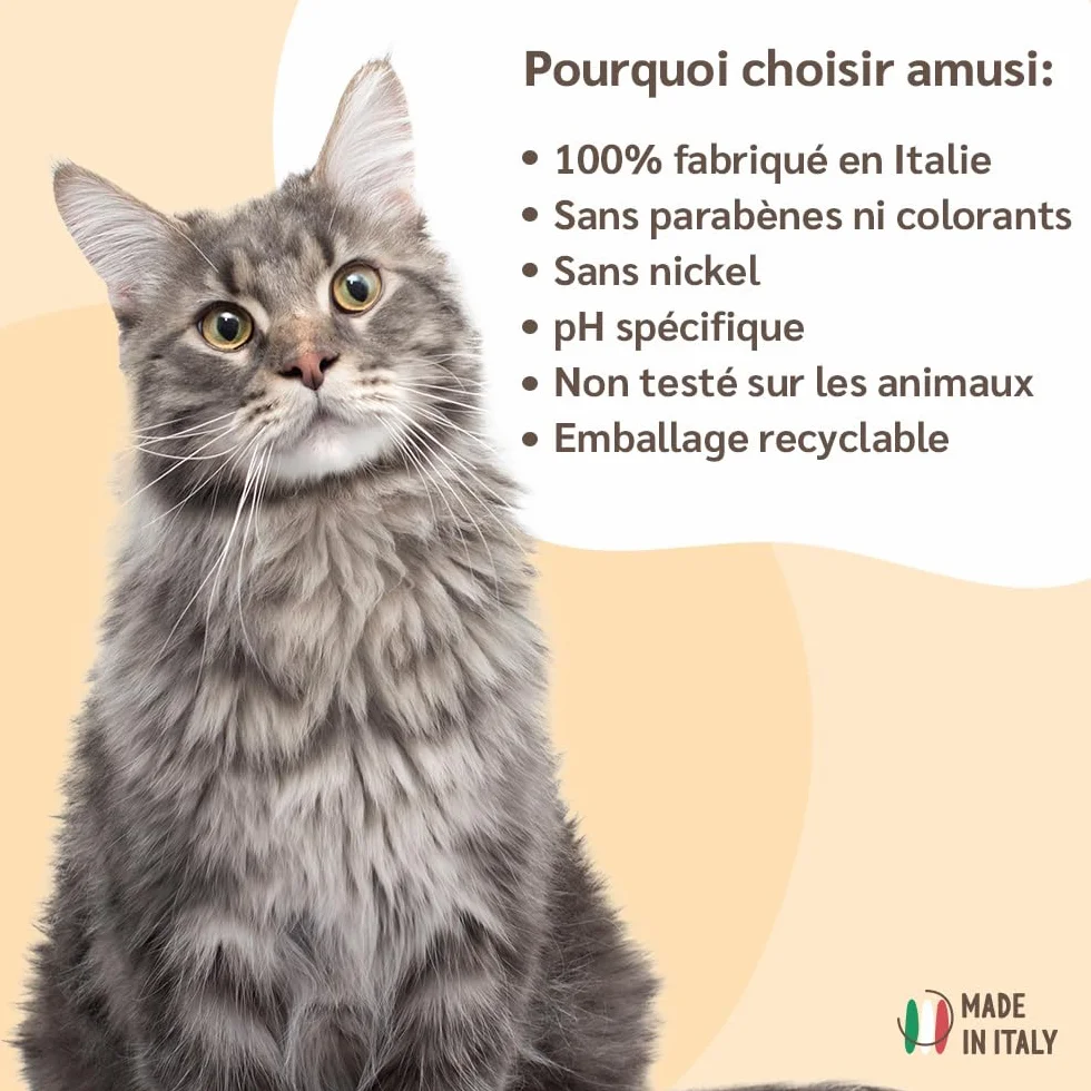 Amusi Spray Démêlant pour Chat 250 ml – Démêlant Poils Longs sans Rinçage, Naturel & Végétalien – Pelage Doux et Brillant – Fabriqué en Italie