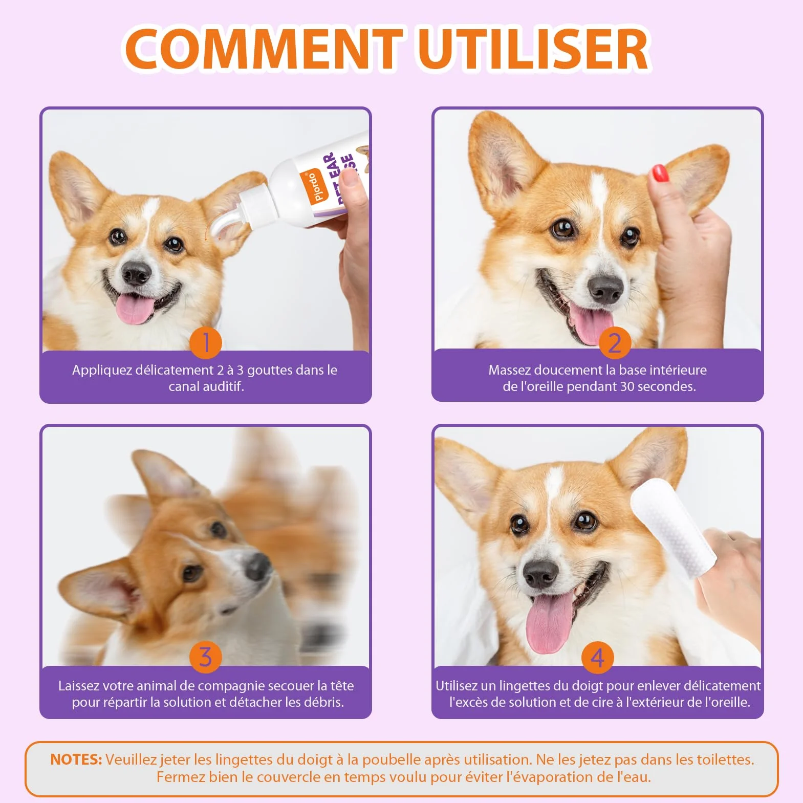 Pjordo Nettoyant pour oreilles de chien avec aloe vera et hamamélis - Lingettes et solution nettoyante