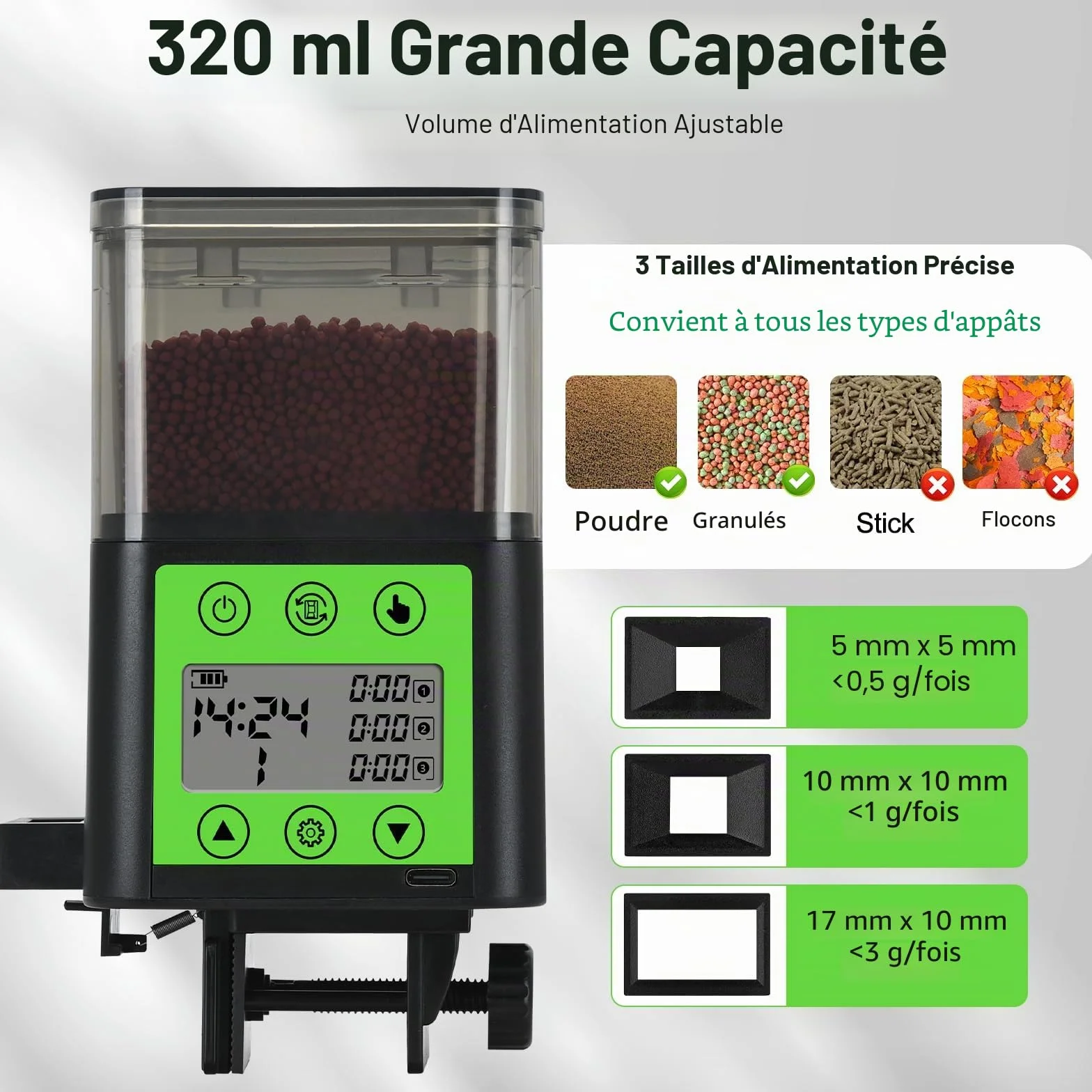 Distributeur automatique de nourriture pour poissons rechargeable USB 320 ml écran LCD résistant à l'humidité